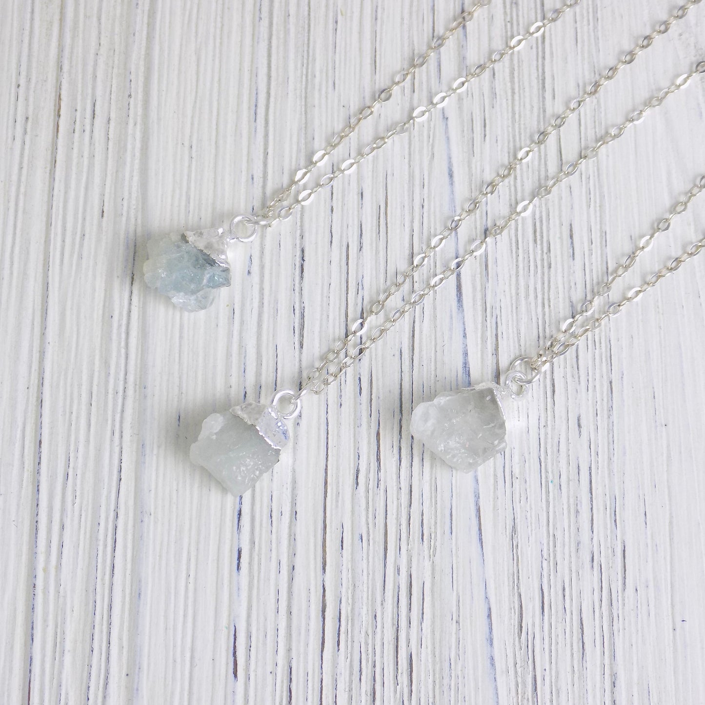 Raw Aquamarine Necklace Silver - Boho Rough Aquamarine Pendant