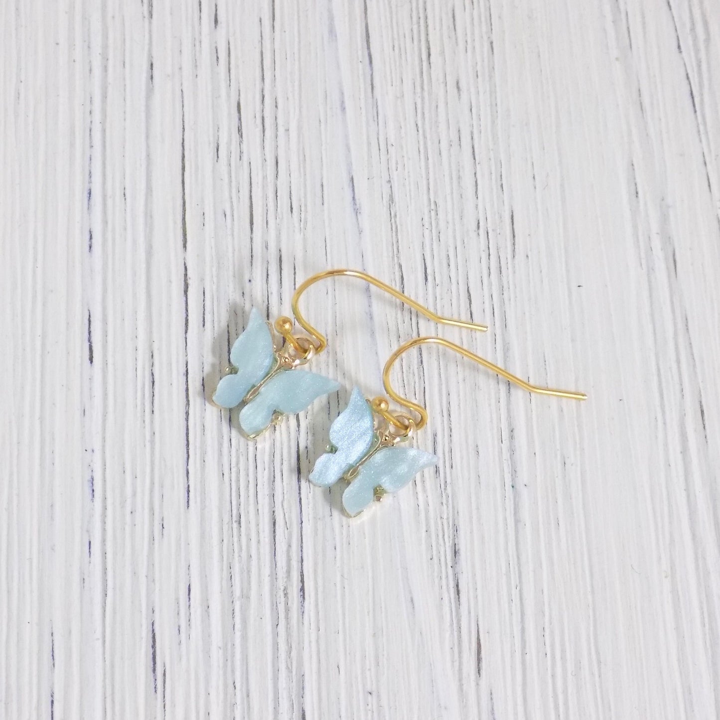 Small Butterfly Drop Earrings Blue and Gold Minimalist Dangle, L2-17