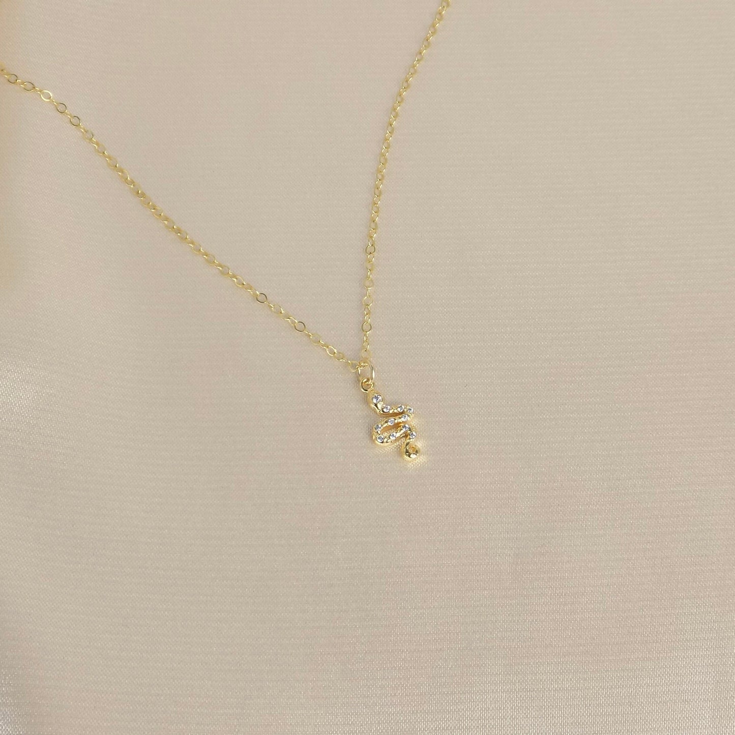 Tiny Snake Necklace Gold - Small Zircon Snake Charm Necklace