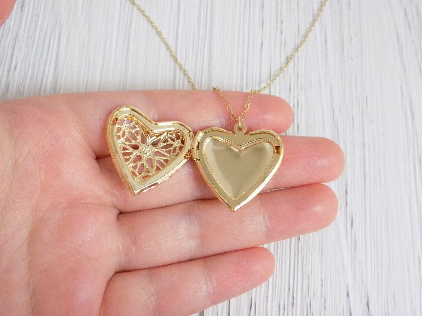 Gold Filigree Heart Locket Necklace for Pictures on 14K Gold Filled Chain, Christmas Gift For Her, L1-24