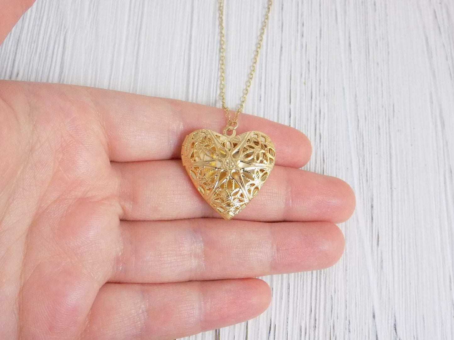 Gold Filigree Heart Locket Necklace for Pictures on 14K Gold Filled Chain, Christmas Gift For Her, L1-24