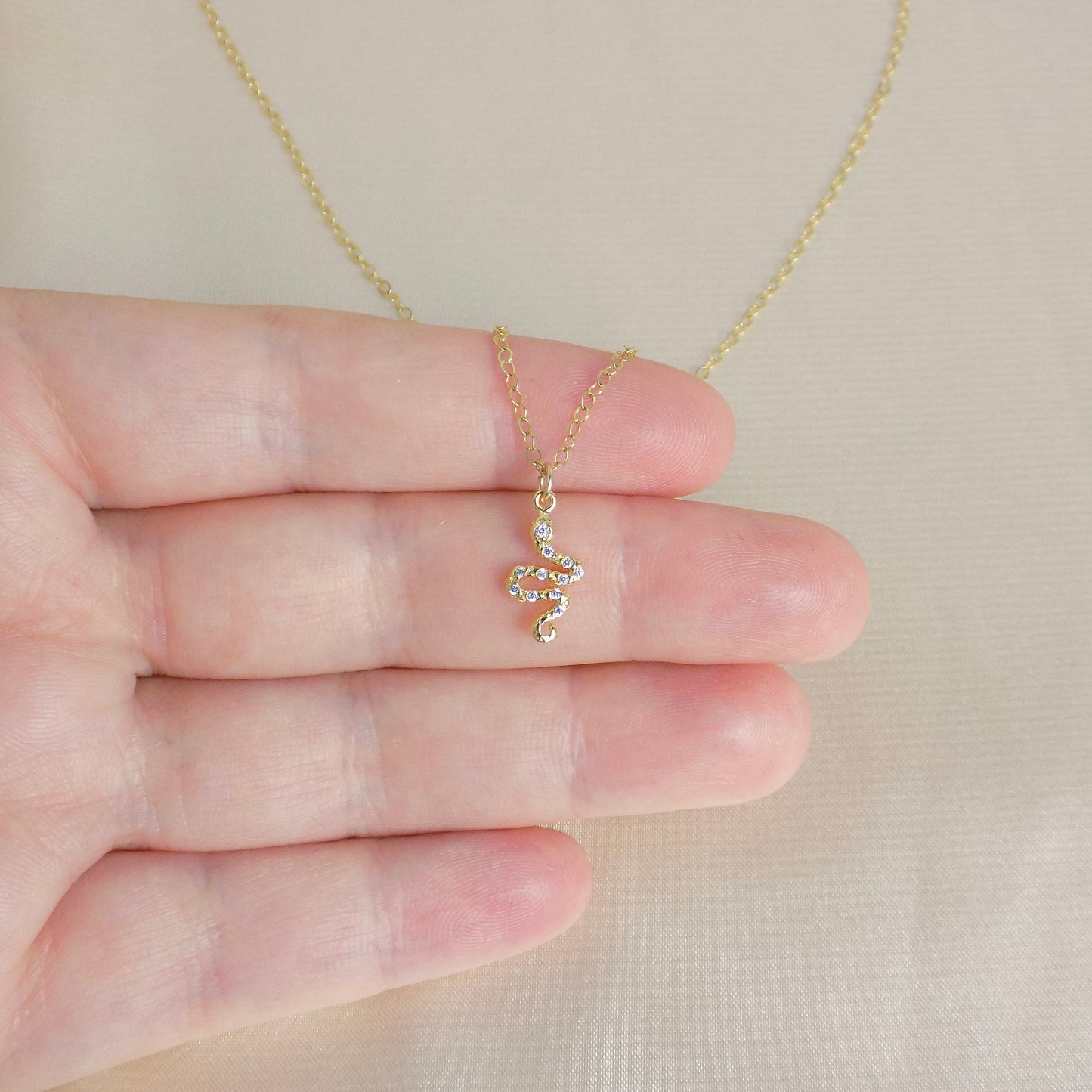 Tiny Snake Necklace Gold - Small Zircon Snake Charm Necklace