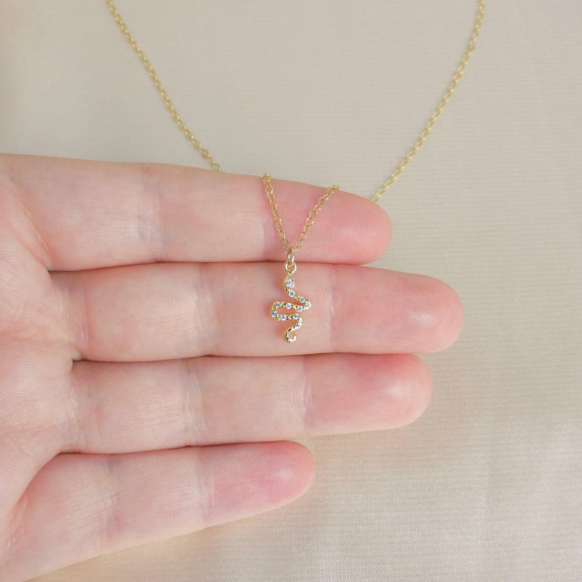 Tiny Snake Necklace Gold - Small Zircon Snake Charm Necklace