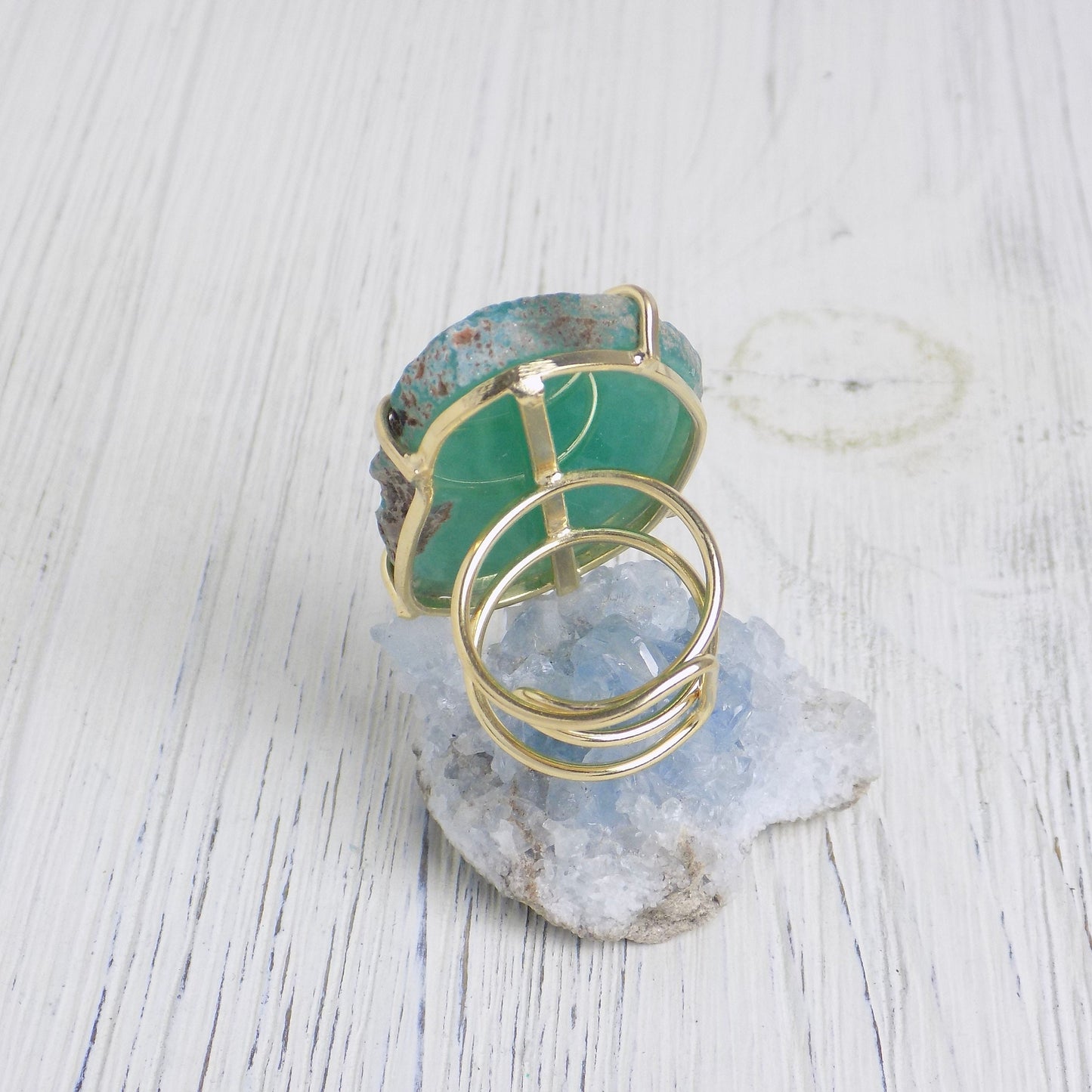 Emerald Green Large Agate Slice Gemstone Ring, Boho Statement Raw Crystal Ring Adjustable Gold Dipped, G13-391