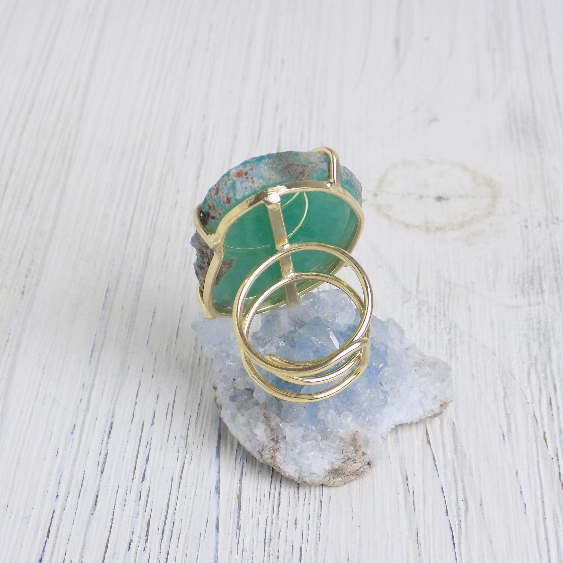 Emerald Green Large Agate Slice Gemstone Ring, Boho Statement Raw Crystal Ring Adjustable Gold Dipped, G13-391