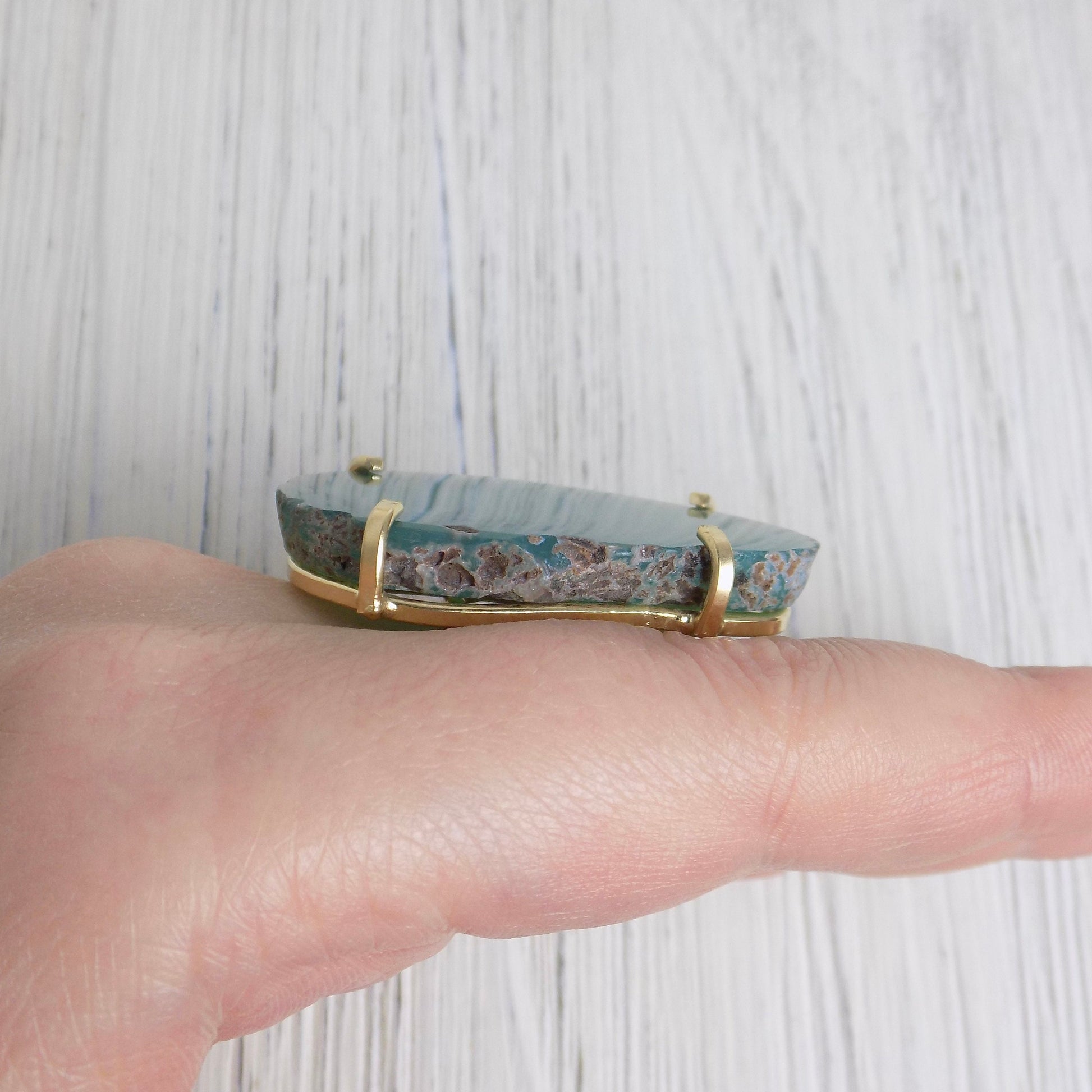 Emerald Green Large Agate Slice Gemstone Ring, Boho Statement Raw Crystal Ring Adjustable Gold Dipped, G13-391