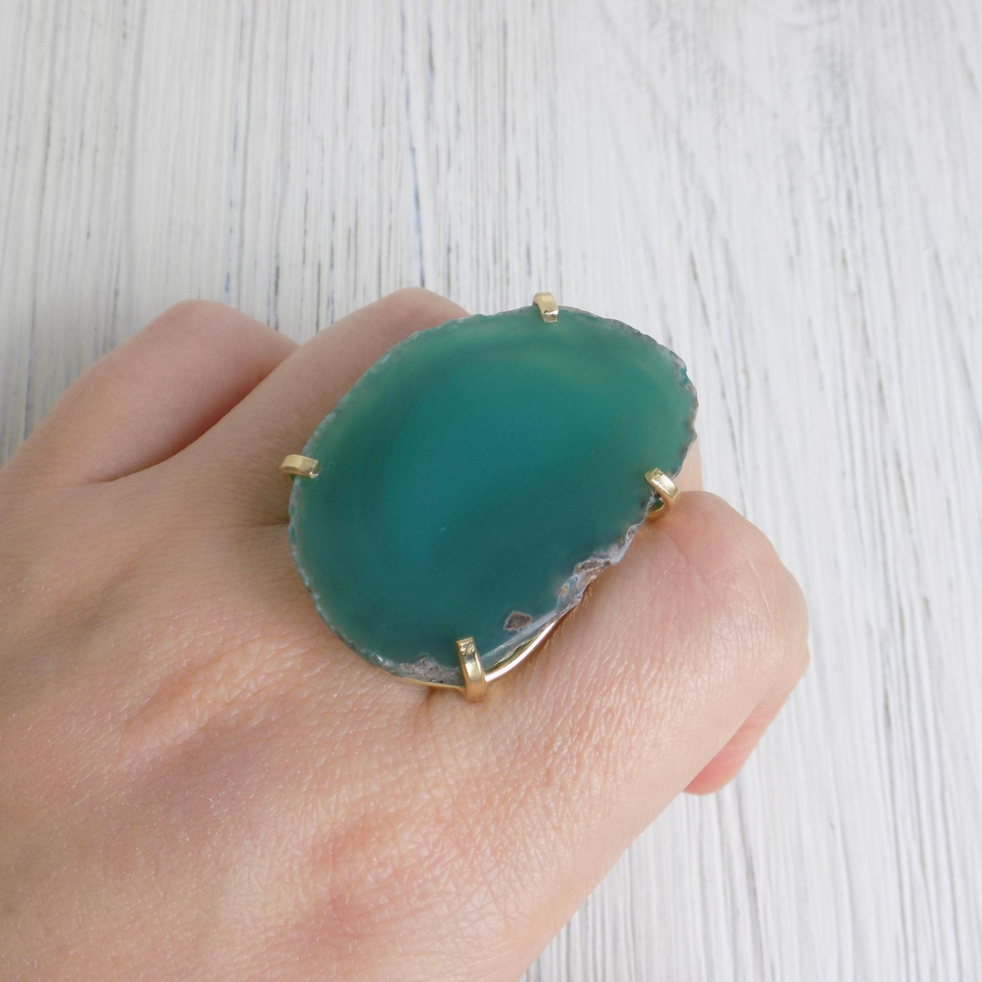 Emerald Green Large Agate Slice Gemstone Ring, Boho Statement Raw Crystal Ring Adjustable Gold Dipped, G13-391