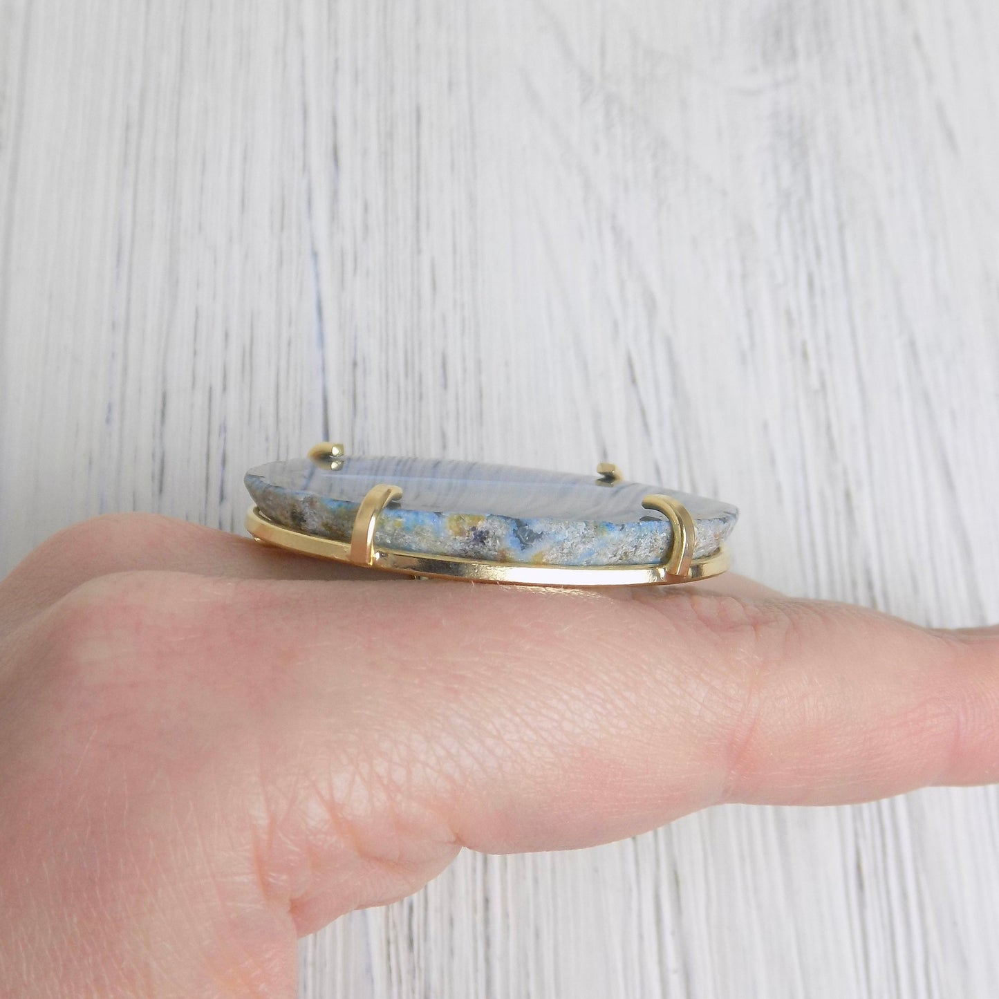 Blue Agate Slice Ring Gold Adjustable, Raw Agate Crystal, Geode Rings, Boho Statement Jewelry, Gift For Her, G13-452