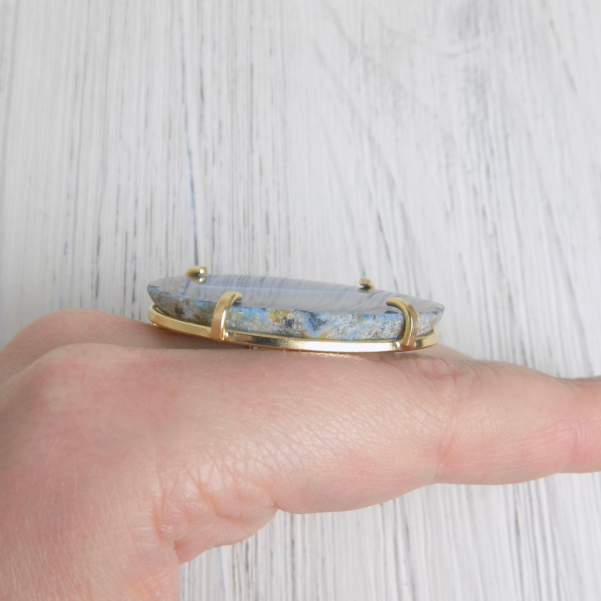 Blue Agate Slice Ring Gold Adjustable, Raw Agate Crystal, Geode Rings, Boho Statement Jewelry, Gift For Her, G13-452