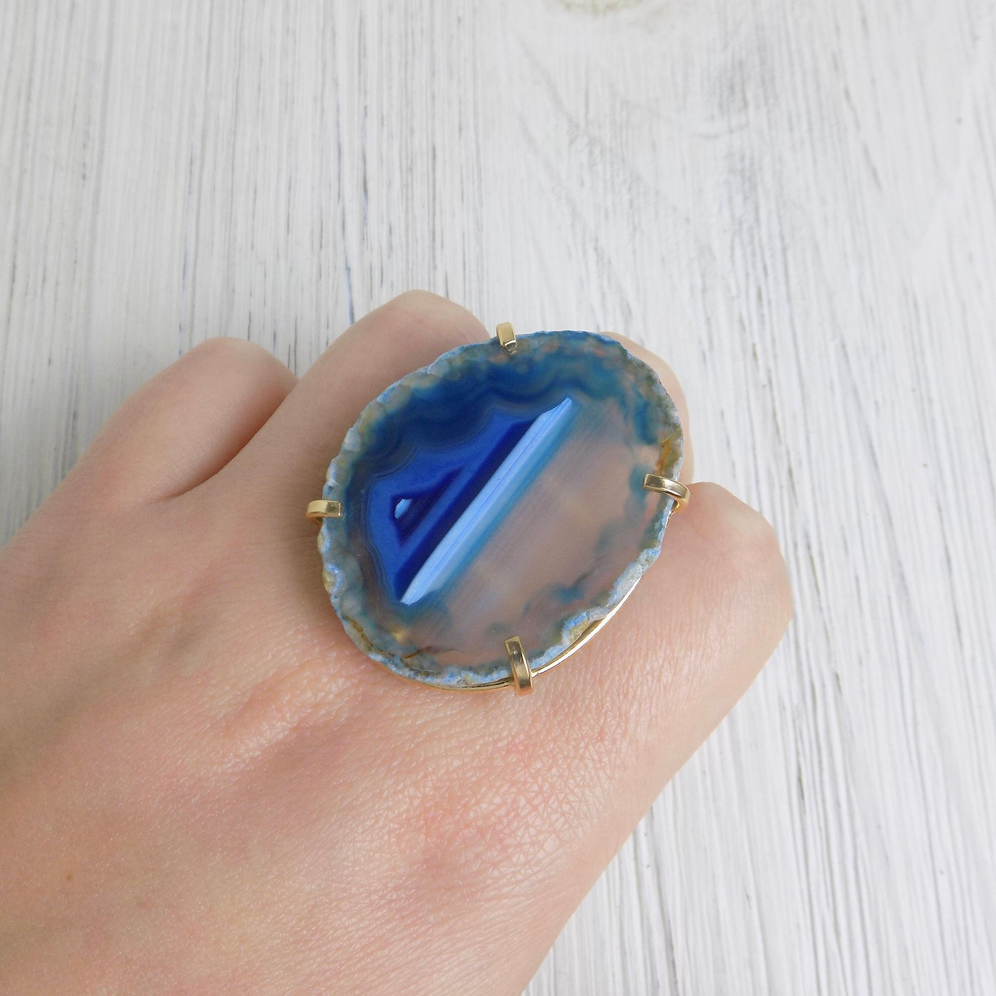 Blue Agate Slice Ring Gold Adjustable, Raw Agate Crystal, Geode Rings, Boho Statement Jewelry, Gift For Her, G13-452