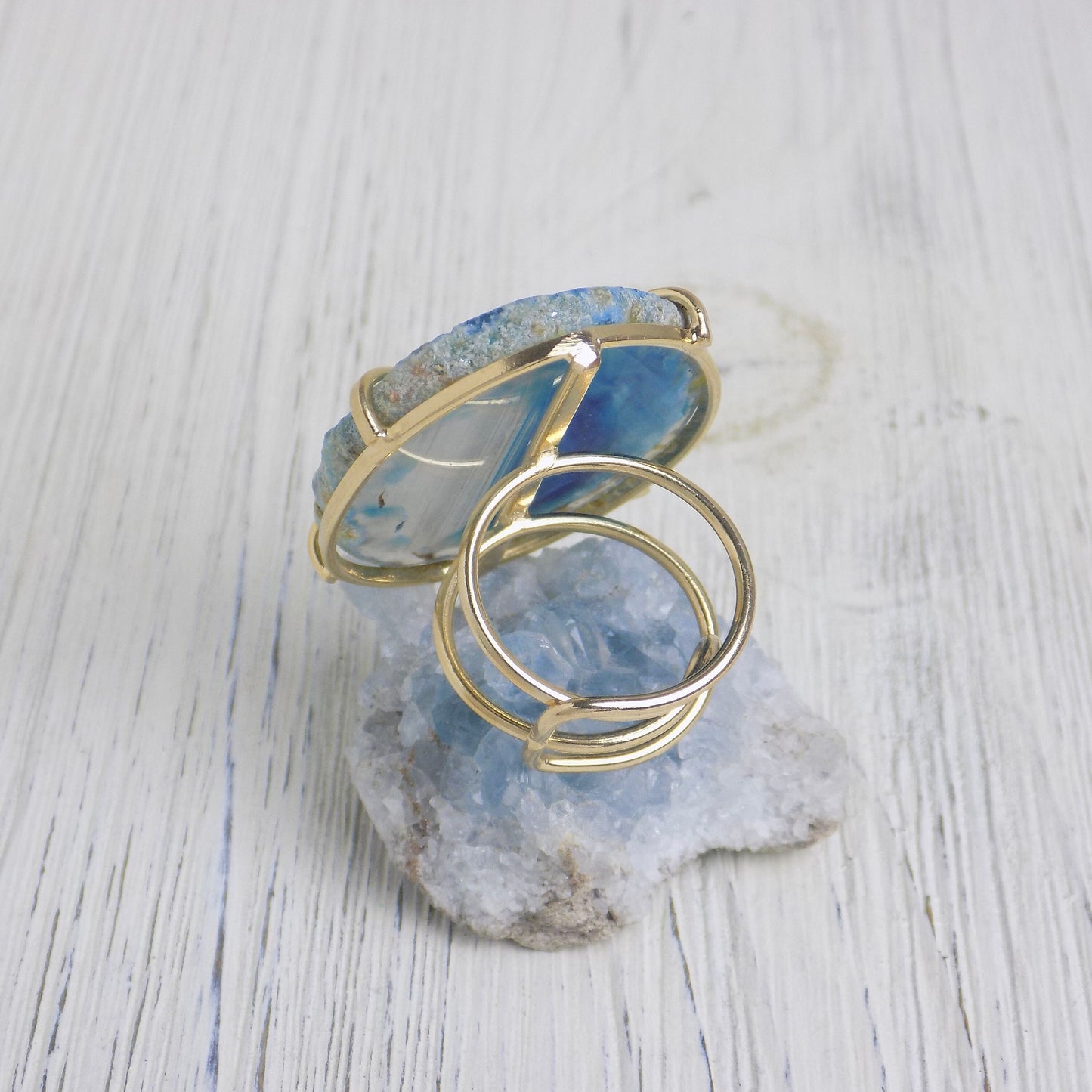 Blue Agate Slice Ring Gold Adjustable, Raw Agate Crystal, Geode Rings, Boho Statement Jewelry, Gift For Her, G13-452