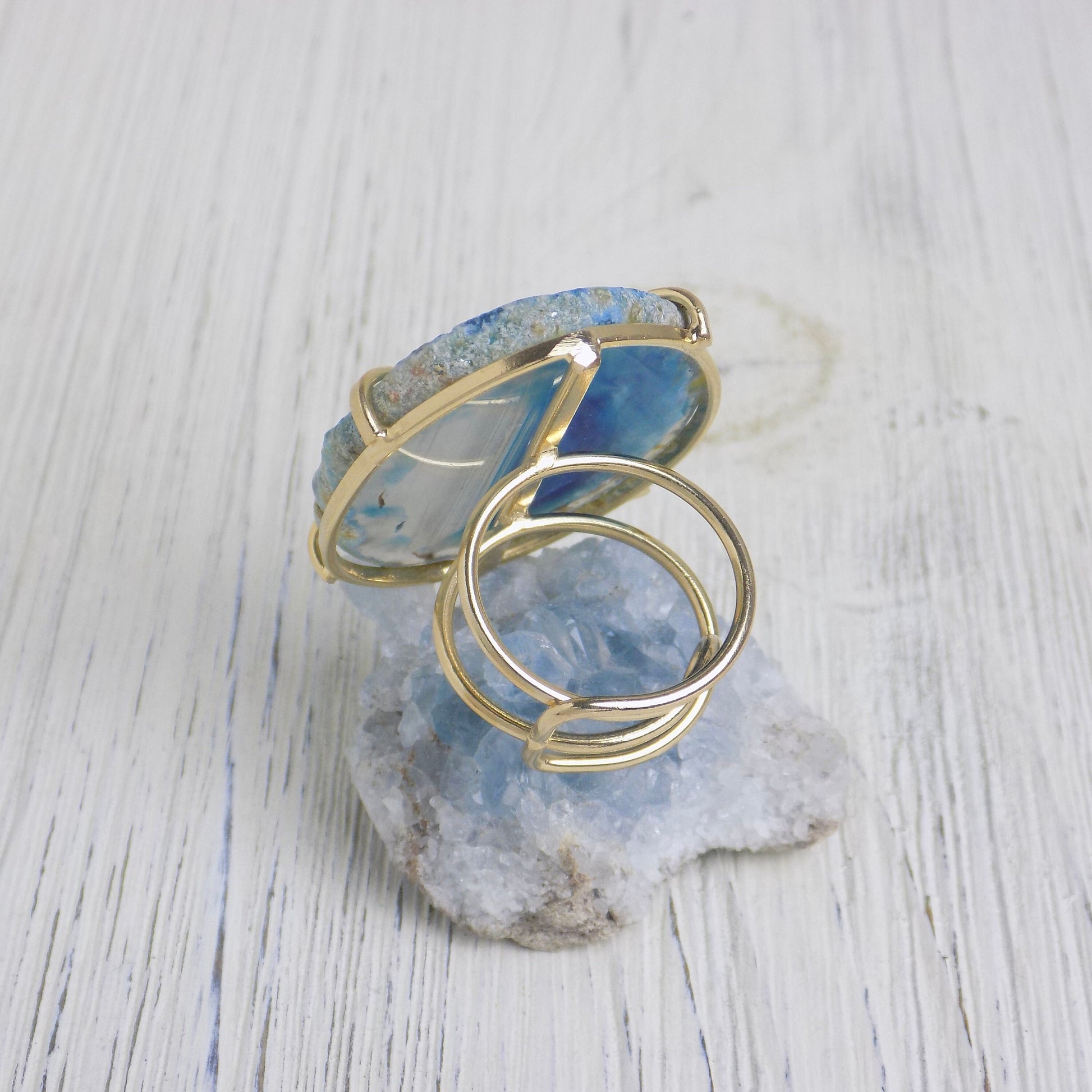 Blue Agate Slice Ring Gold Adjustable, Raw Agate Crystal, Geode Rings, Boho Statement Jewelry, Gift For Her, G13-452