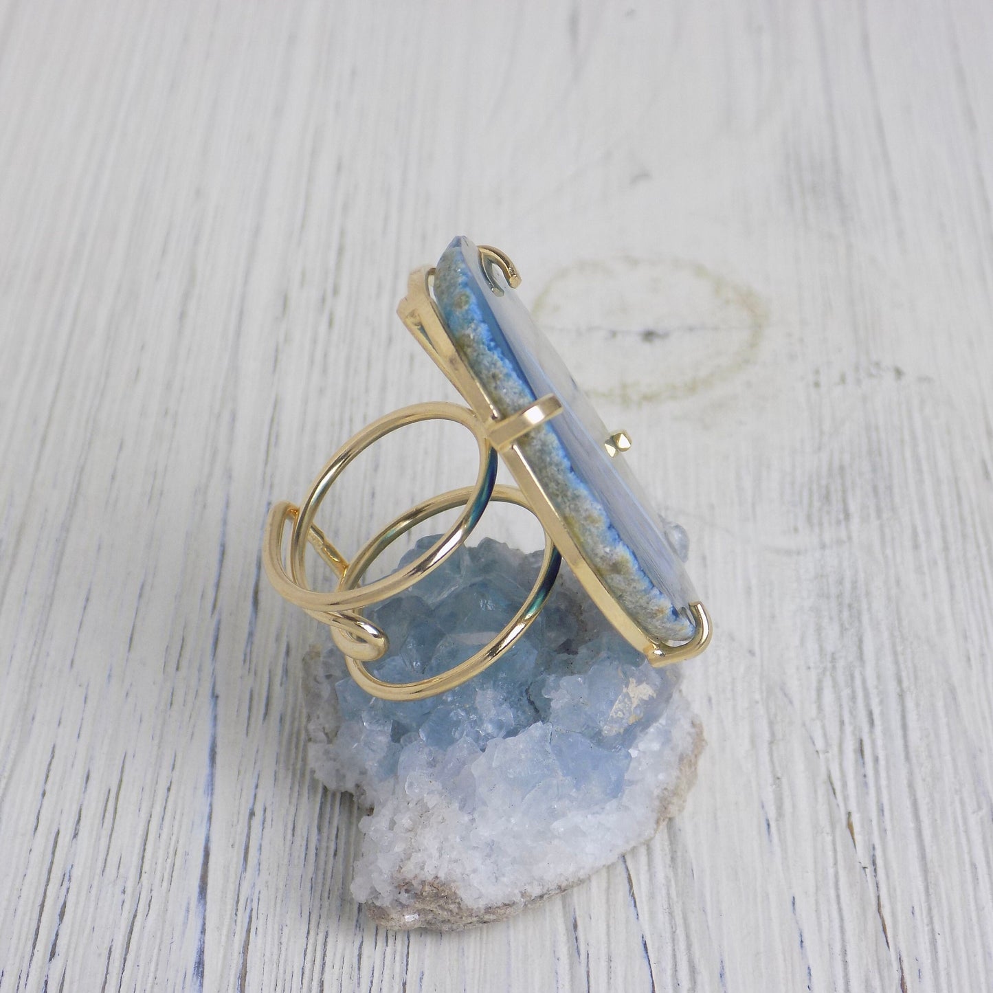 Blue Agate Slice Ring Gold Adjustable, Raw Agate Crystal, Geode Rings, Boho Statement Jewelry, Gift For Her, G13-452