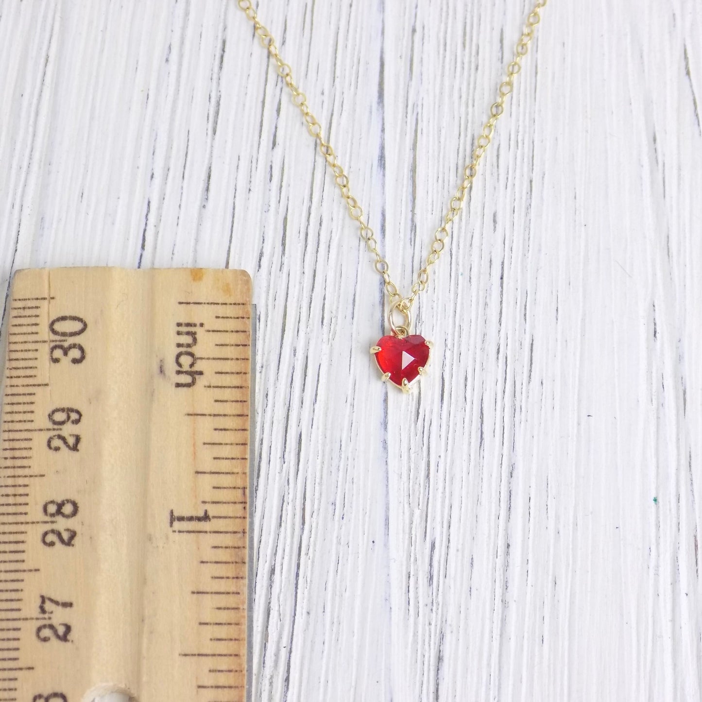Tiny Red Heart Necklace Gold Cubic Zirconia Crystal on Gold Chain, Gift For Mom, M6-25