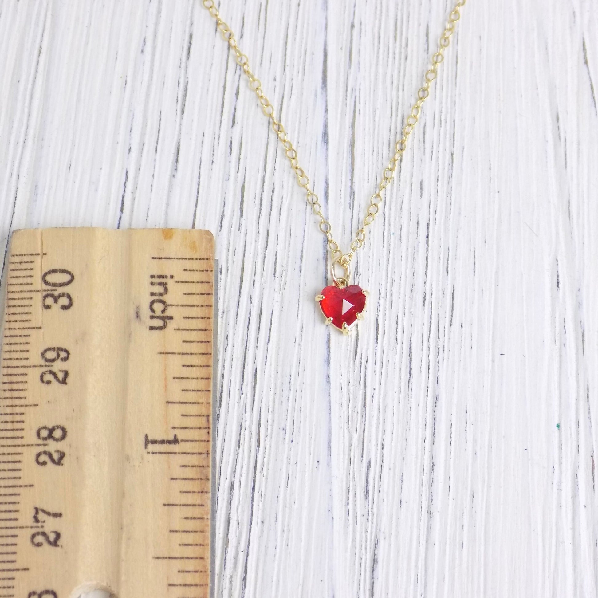 Tiny Red Heart Necklace Gold Cubic Zirconia Crystal on Gold Chain, Gift For Mom, M6-25