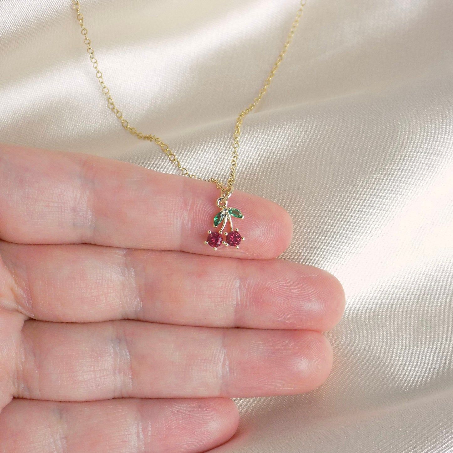 Tiny Cherry Necklace Gold, Small Zircon Red Cherry Charm Necklace, Dainty Gold Layer, 14K Gold Filled Chain, Gifts For Her, M6-32