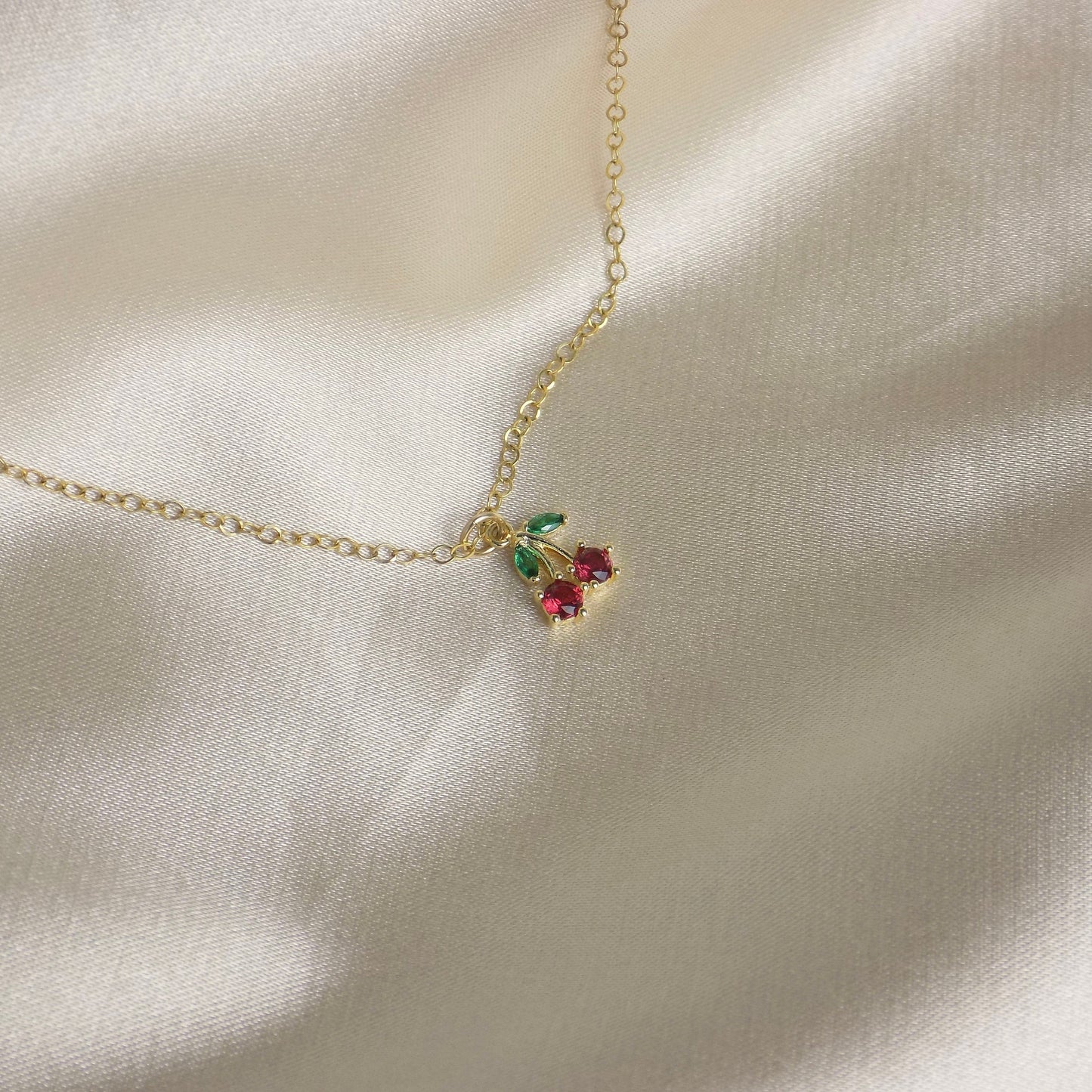 Tiny Cherry Necklace Gold, Small Zircon Red Cherry Charm Necklace, Dainty Gold Layer, 14K Gold Filled Chain, Gifts For Her, M6-32
