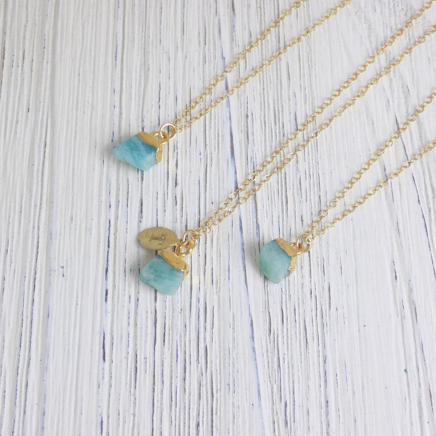 Small Raw Amazonite Necklace, Personalized Initial Charm, 14K Gold Filled Chain, Bridesmaid Gift, M6-45