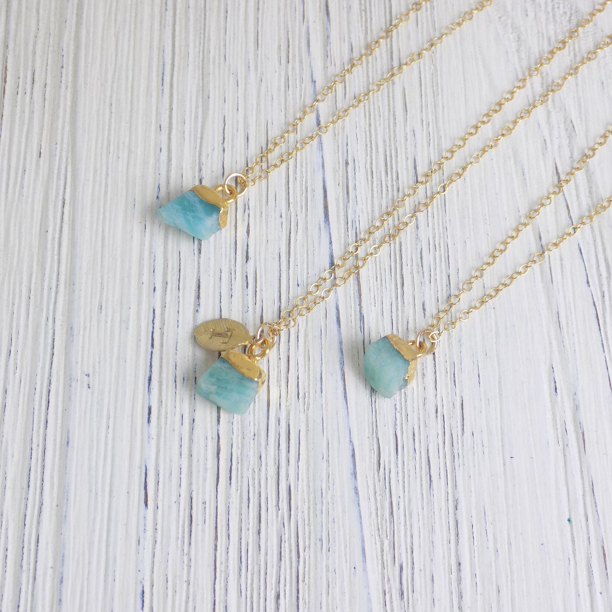 Small Raw Amazonite Necklace, Personalized Initial Charm, 14K Gold Filled Chain, Bridesmaid Gift, M6-45