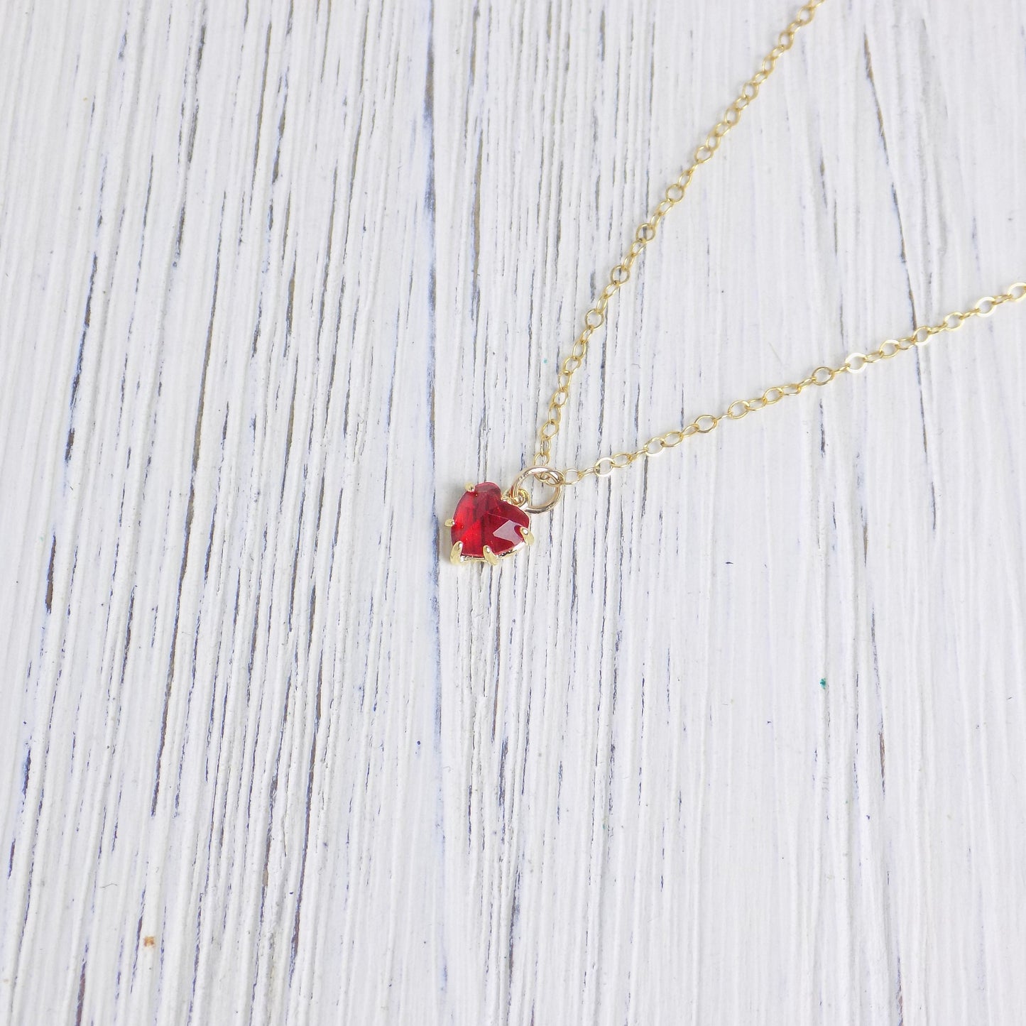 Tiny Heart Necklace Gold, Red Heart Charm Cubic Zirconia Stone, Gift For Her, M6-25