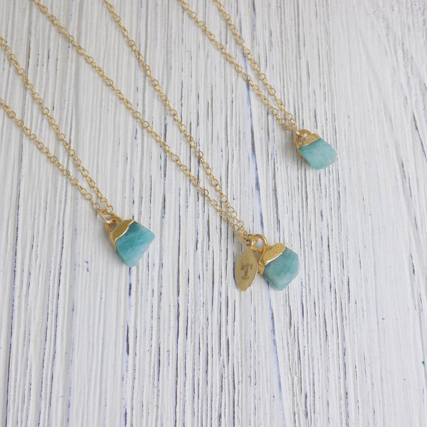 Small Raw Amazonite Necklace, Personalized Initial Charm, 14K Gold Filled Chain, Bridesmaid Gift, M6-45