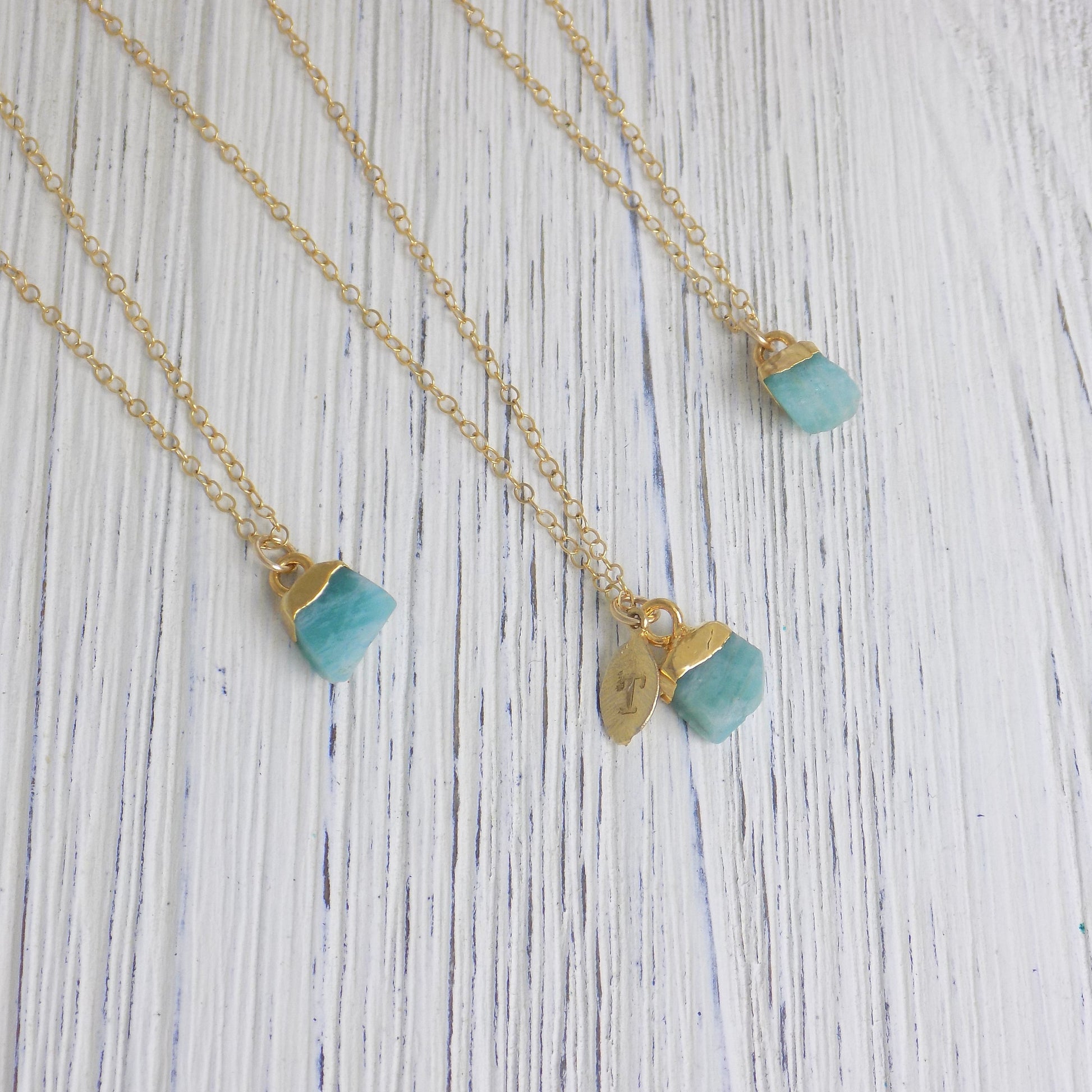 Small Raw Amazonite Necklace, Personalized Initial Charm, 14K Gold Filled Chain, Bridesmaid Gift, M6-45