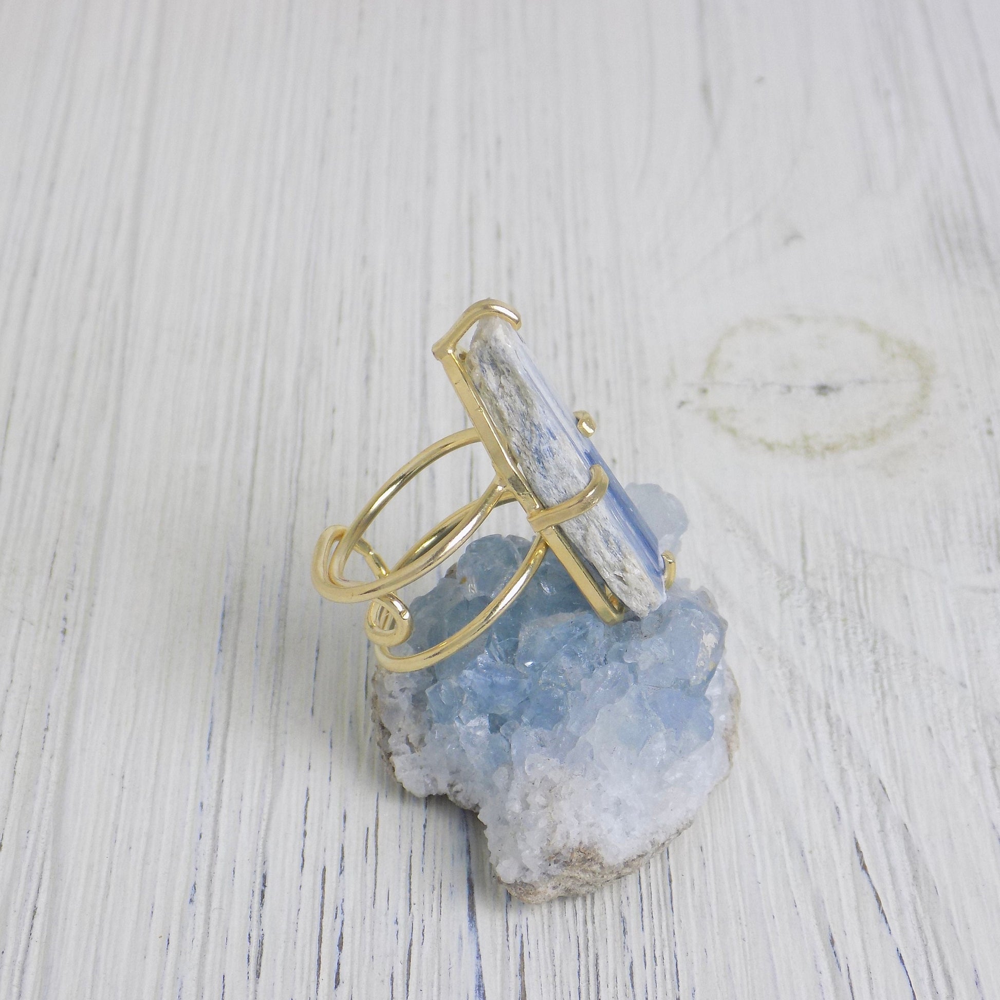 Unique Blue Kyanite Ring with Gold Plated Adjustable Band, Valentines Day Gift, G13-303