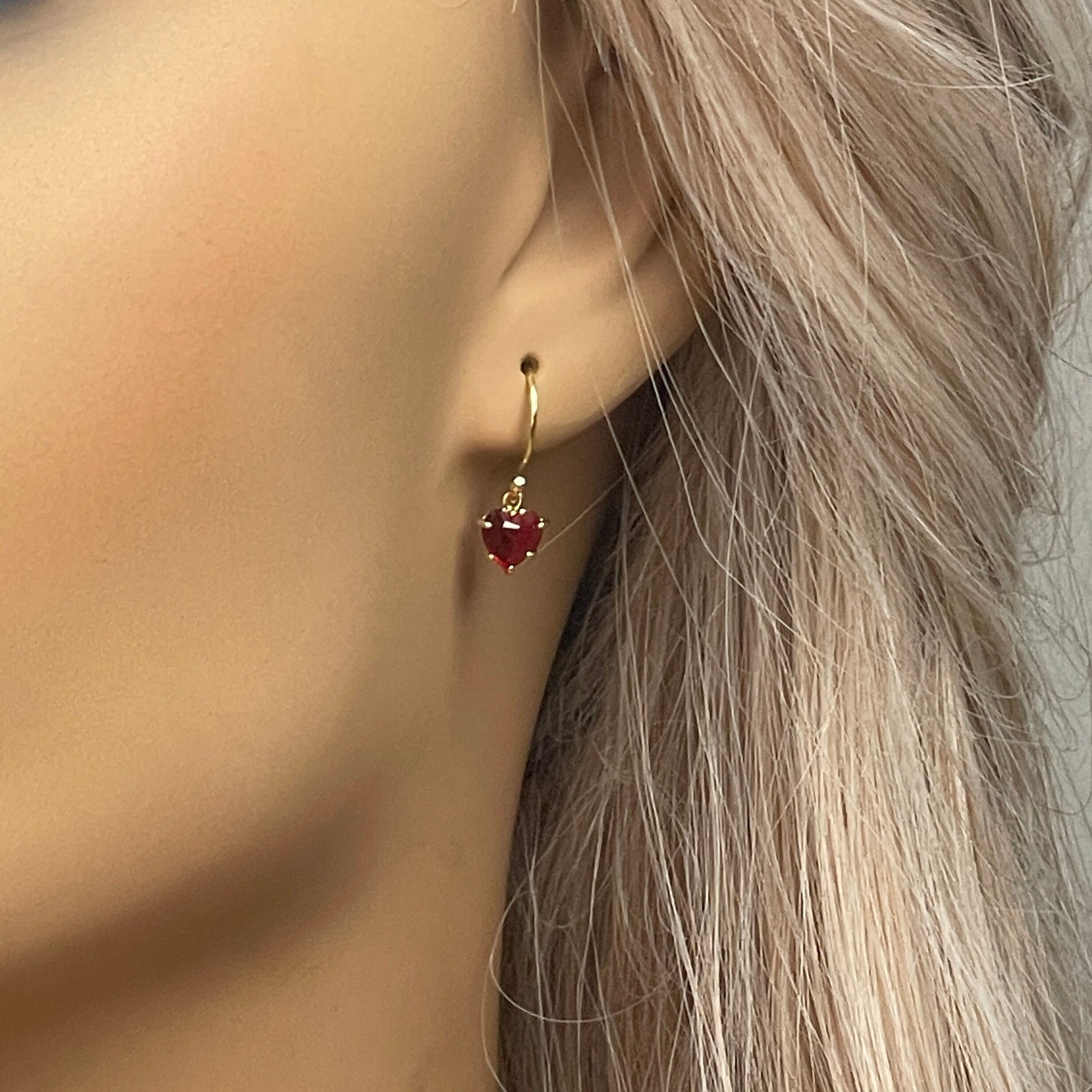 Valentines Day Gift, Tiny Red Heart Earrings Gold, Small Cubic Zirconia Heart Dangle Earring, M6-120