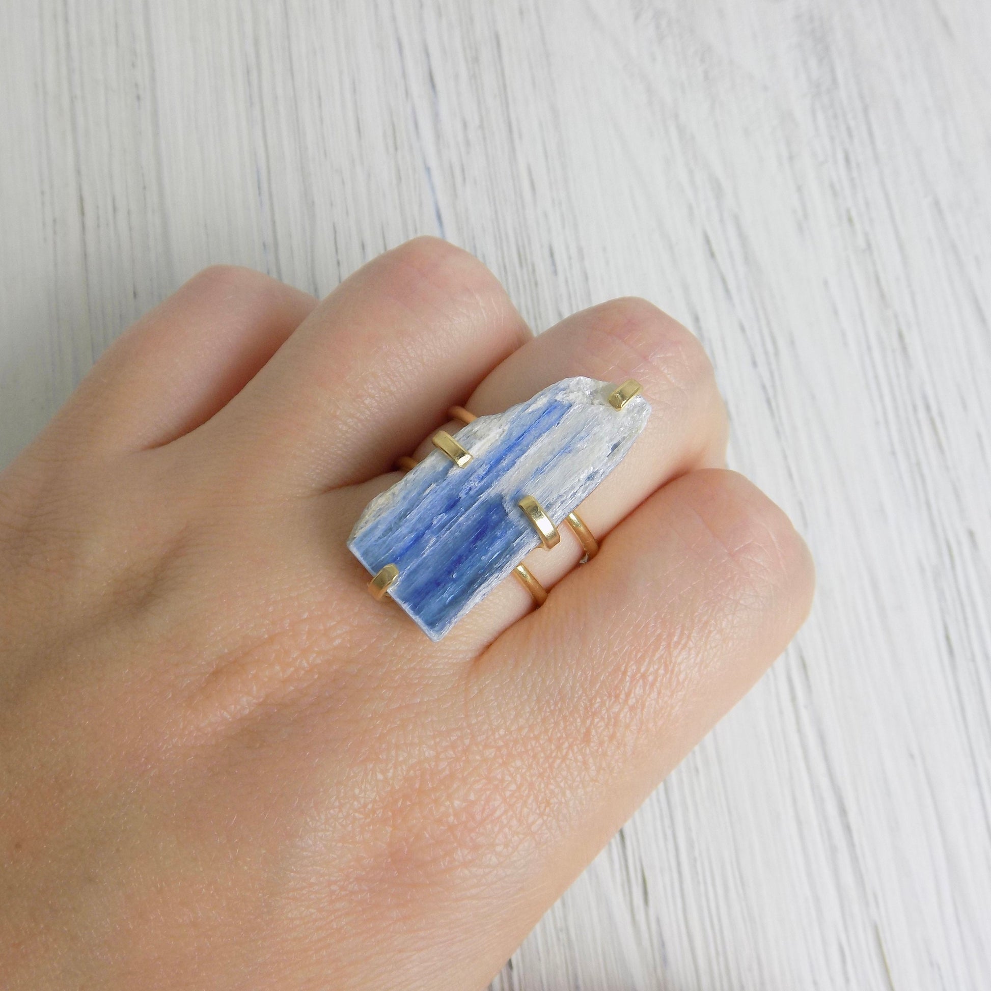 Unique Blue Kyanite Ring with Gold Plated Adjustable Band, Valentines Day Gift, G13-303