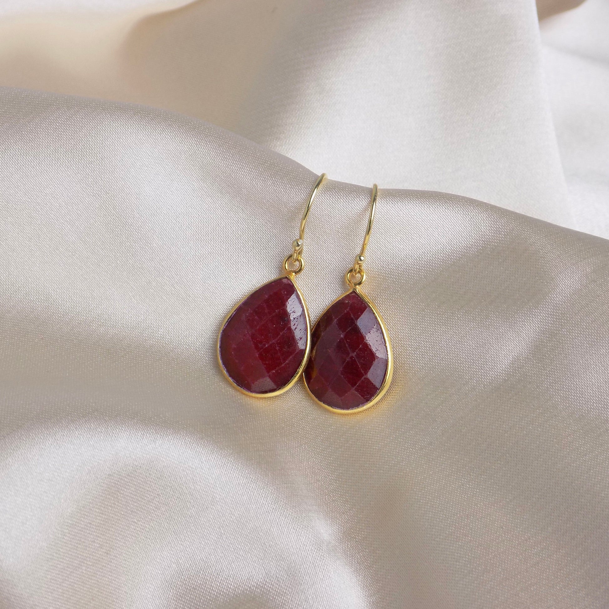 Teardrop Ruby Earrings, Gold Bezel Faceted Gemstones, Raw Genuine Ruby Red Dark Pink, M6-158