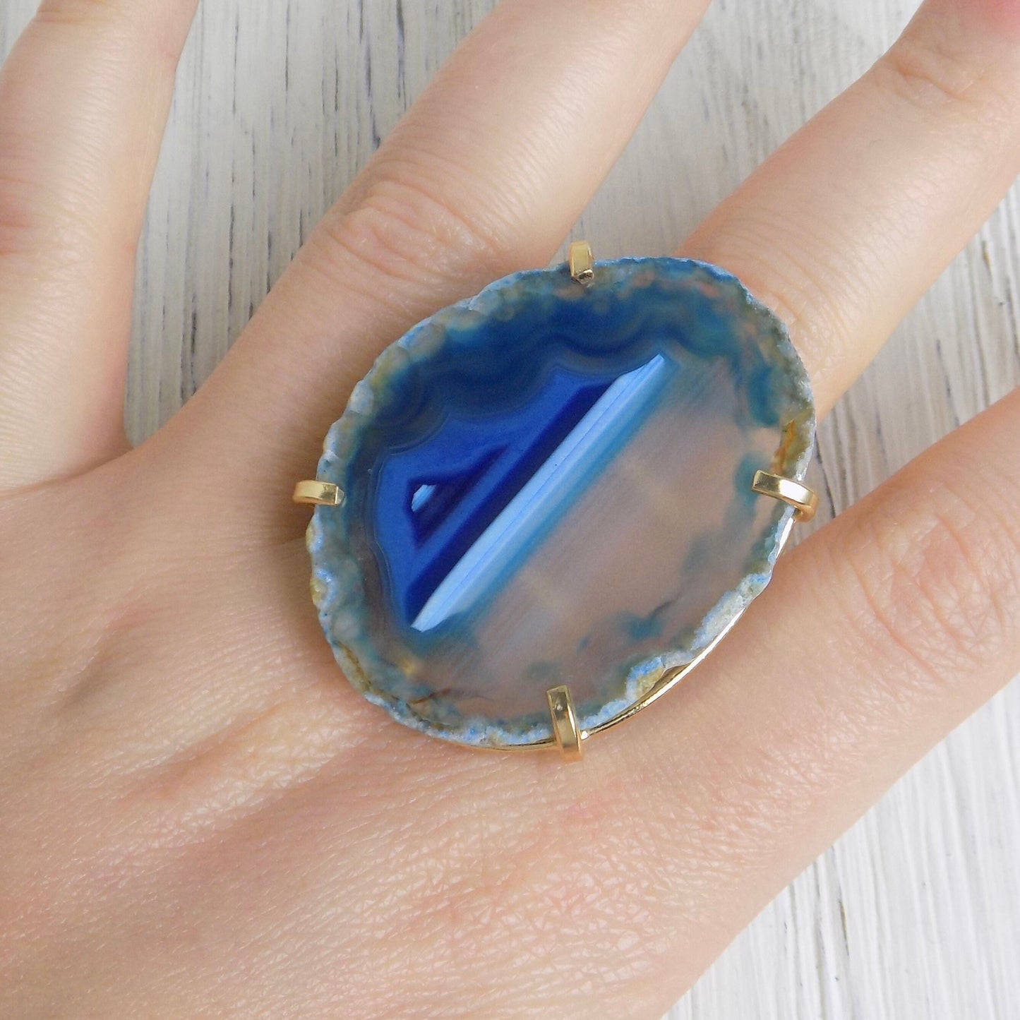 Blue Agate Slice Ring Gold Adjustable, Raw Agate Crystal, Geode Rings, Boho Statement Jewelry, Gift For Her, G13-452