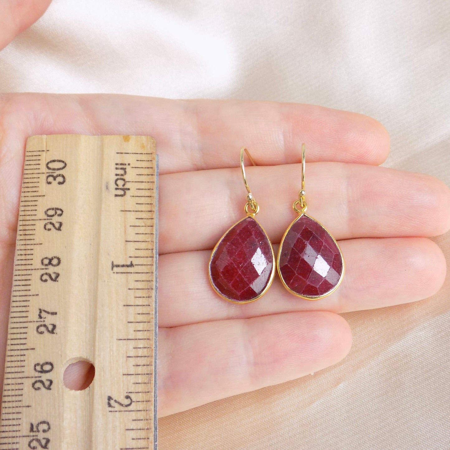 Teardrop Ruby Earrings, Gold Bezel Faceted Gemstones, Raw Genuine Ruby Red Dark Pink, M6-158