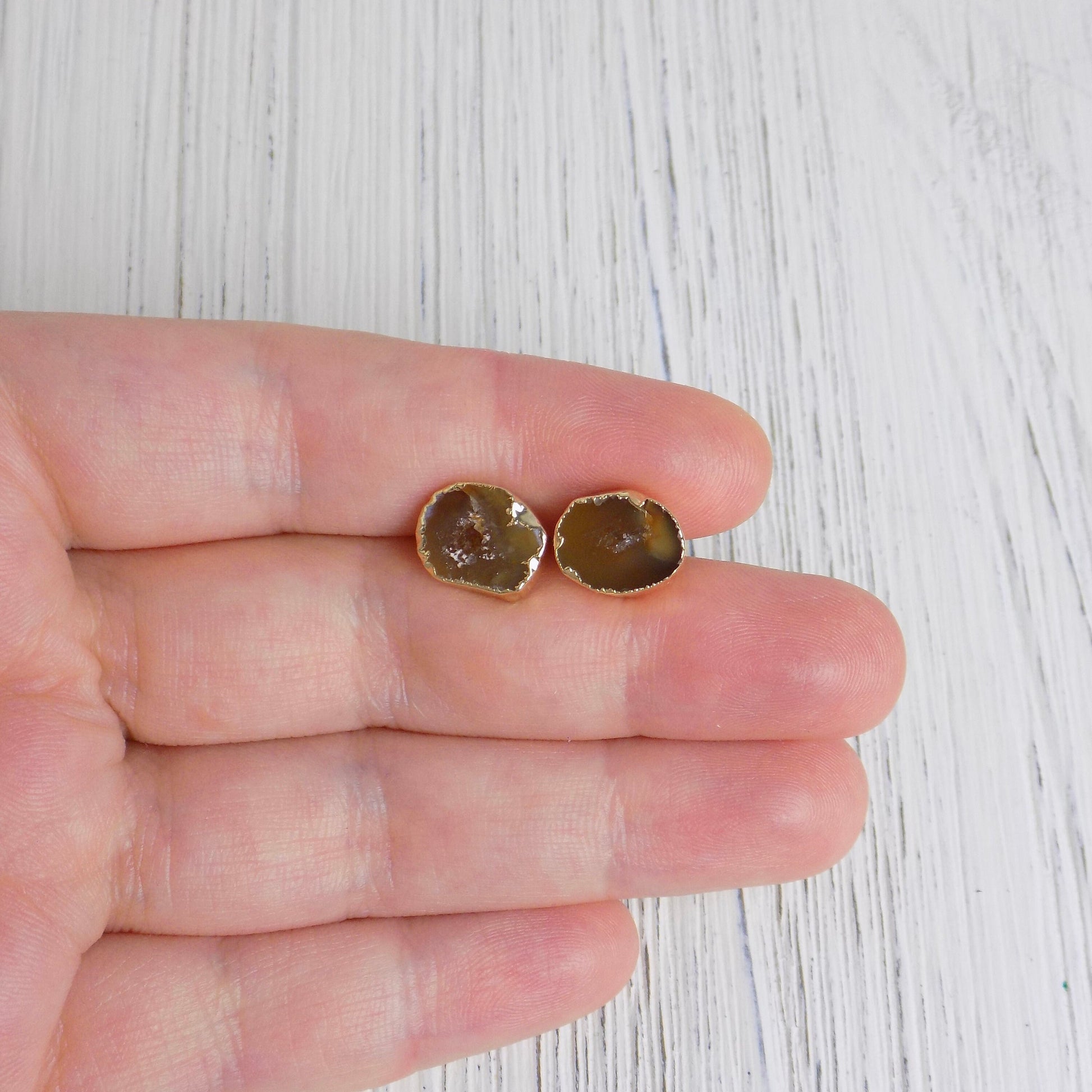Brown Geode Earrings Studs Gold Dipped Natural Gemstone, Gifts For Mom, G14-135