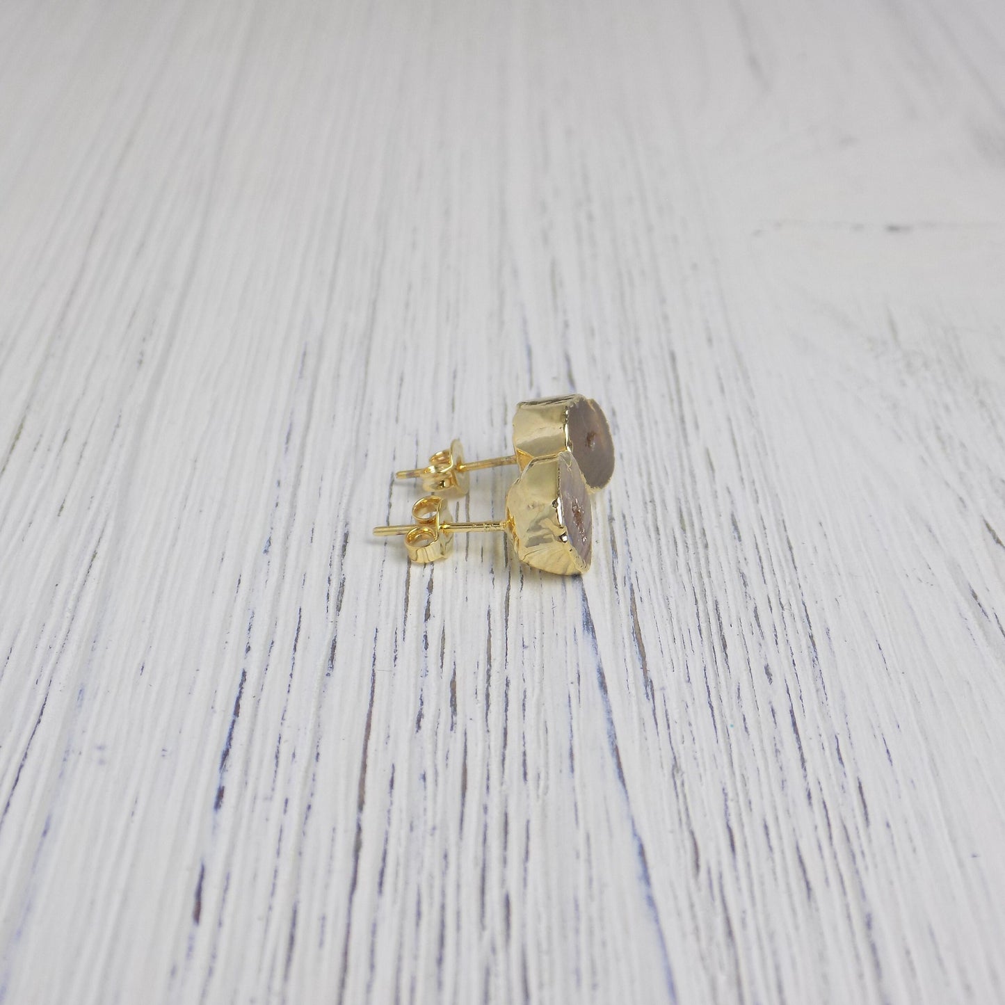 Brown Geode Earrings Studs Gold Dipped Natural Gemstone, Gifts For Mom, G14-135