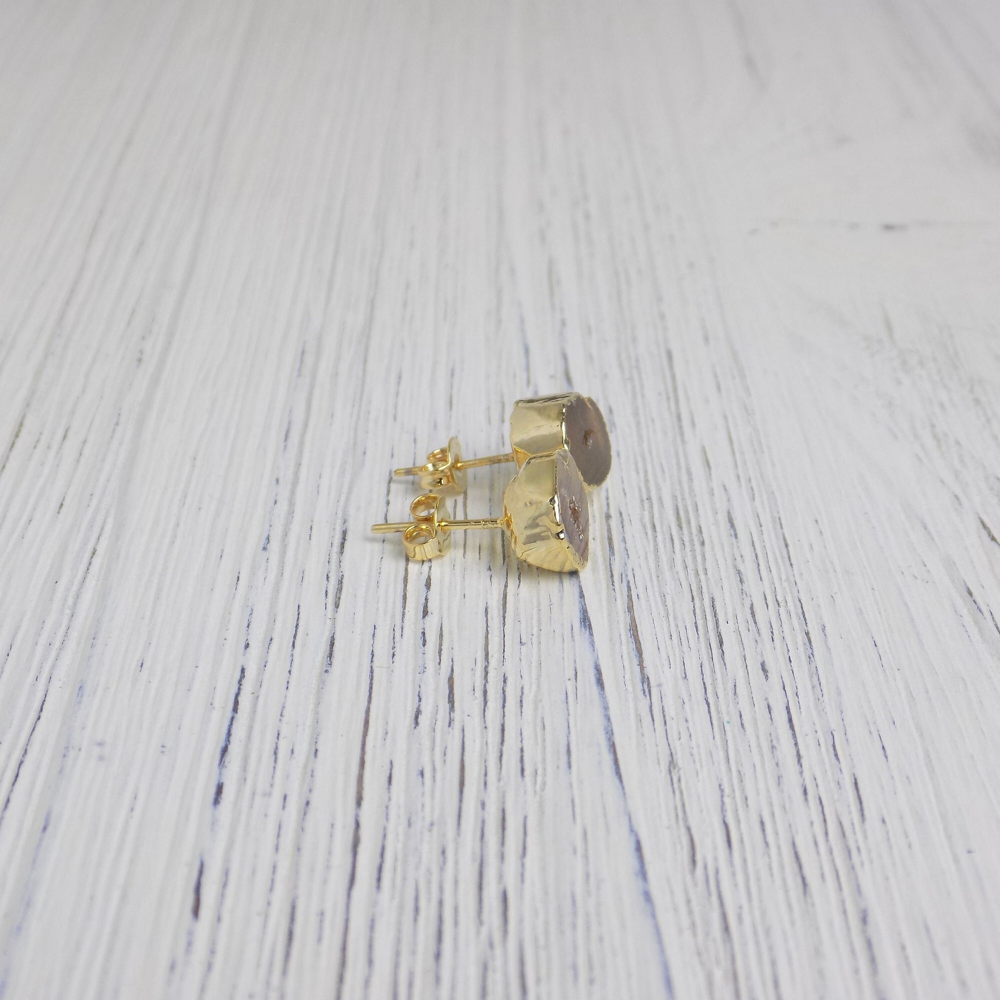Brown Geode Earrings Studs Gold Dipped Natural Gemstone, Gifts For Mom, G14-135