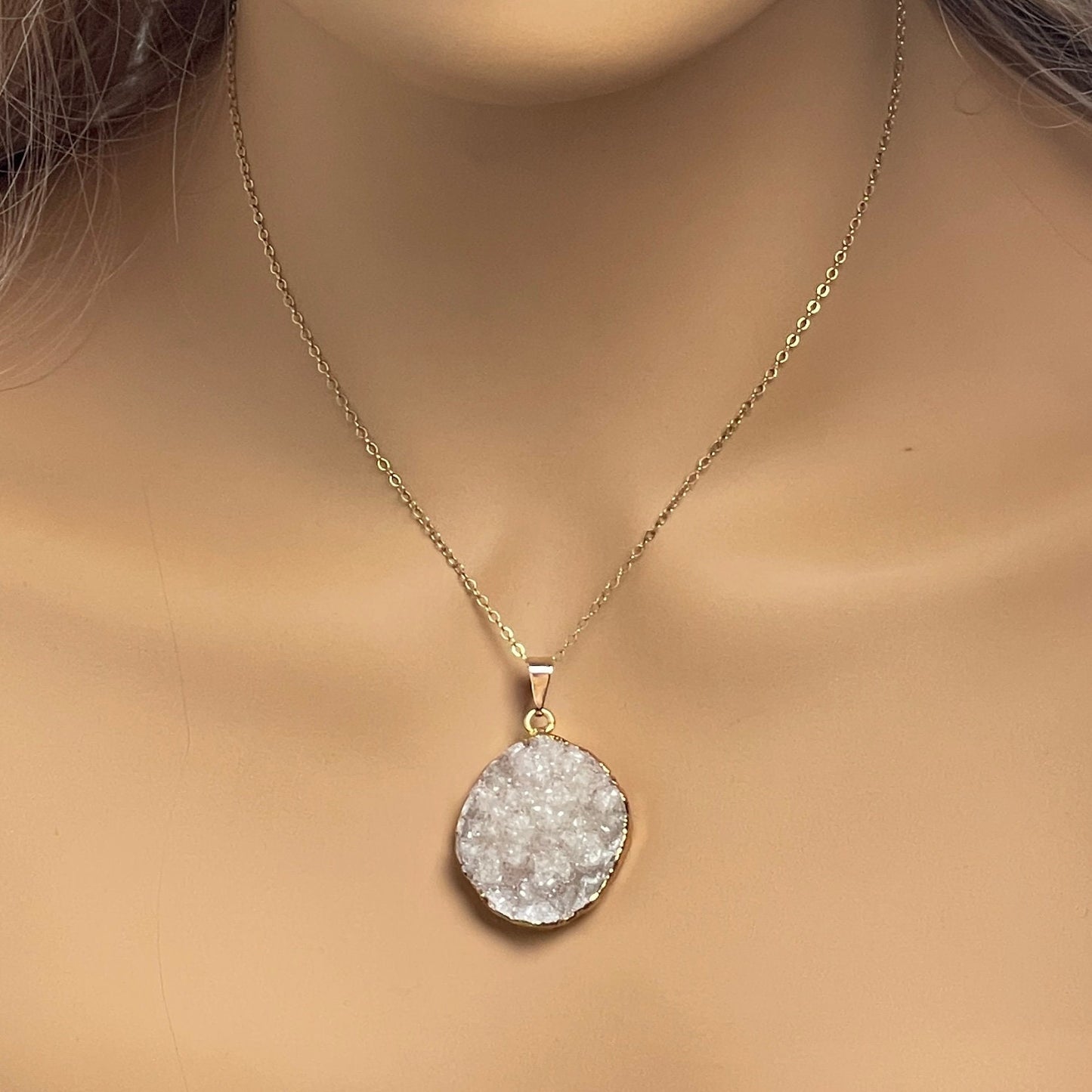 Valentines Day Gift, Light Gray Druzy Natural Gemstone Necklace on 14K Gold Filled Chain, G14-198