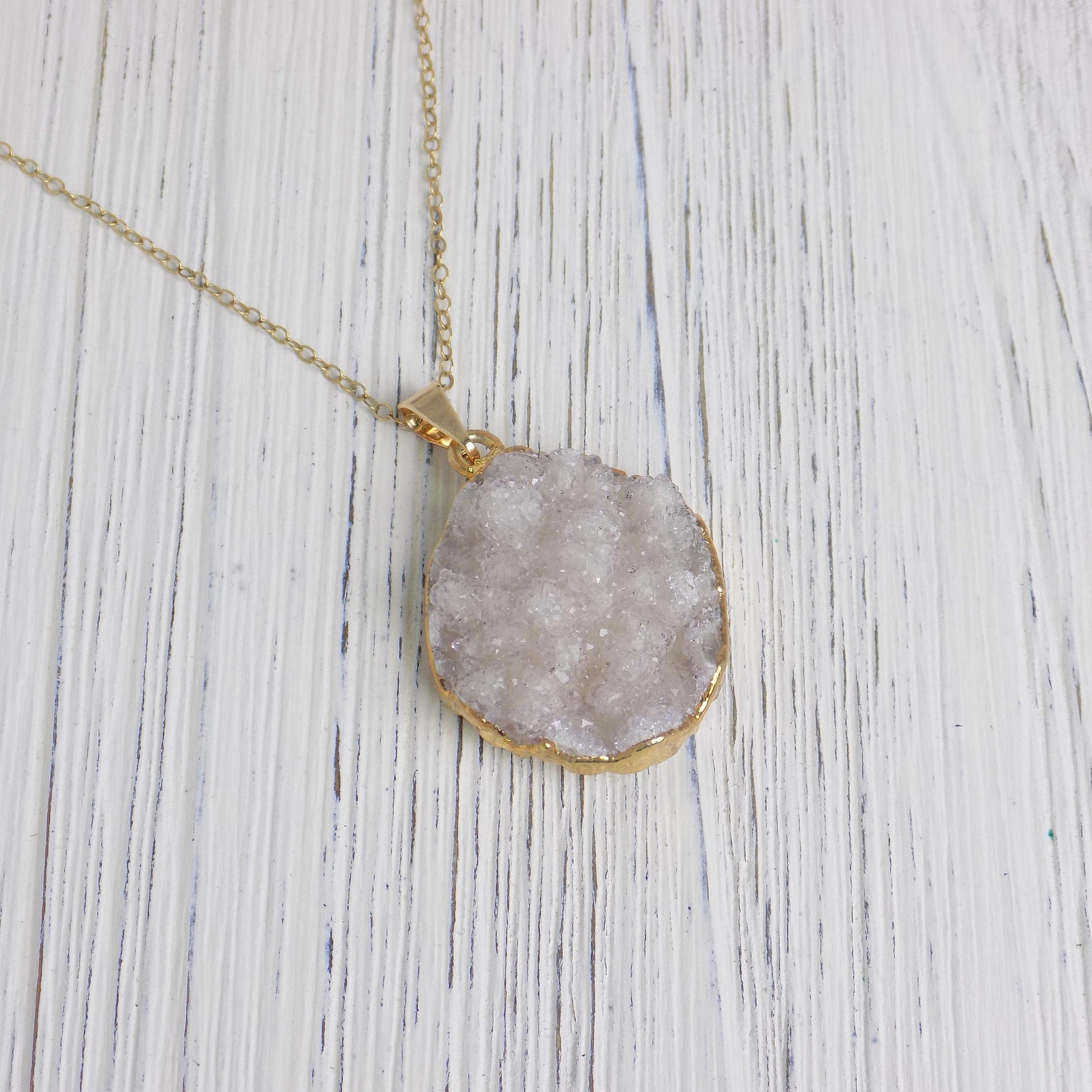 Valentines Day Gift, Light Gray Druzy Natural Gemstone Necklace on 14K Gold Filled Chain, G14-198