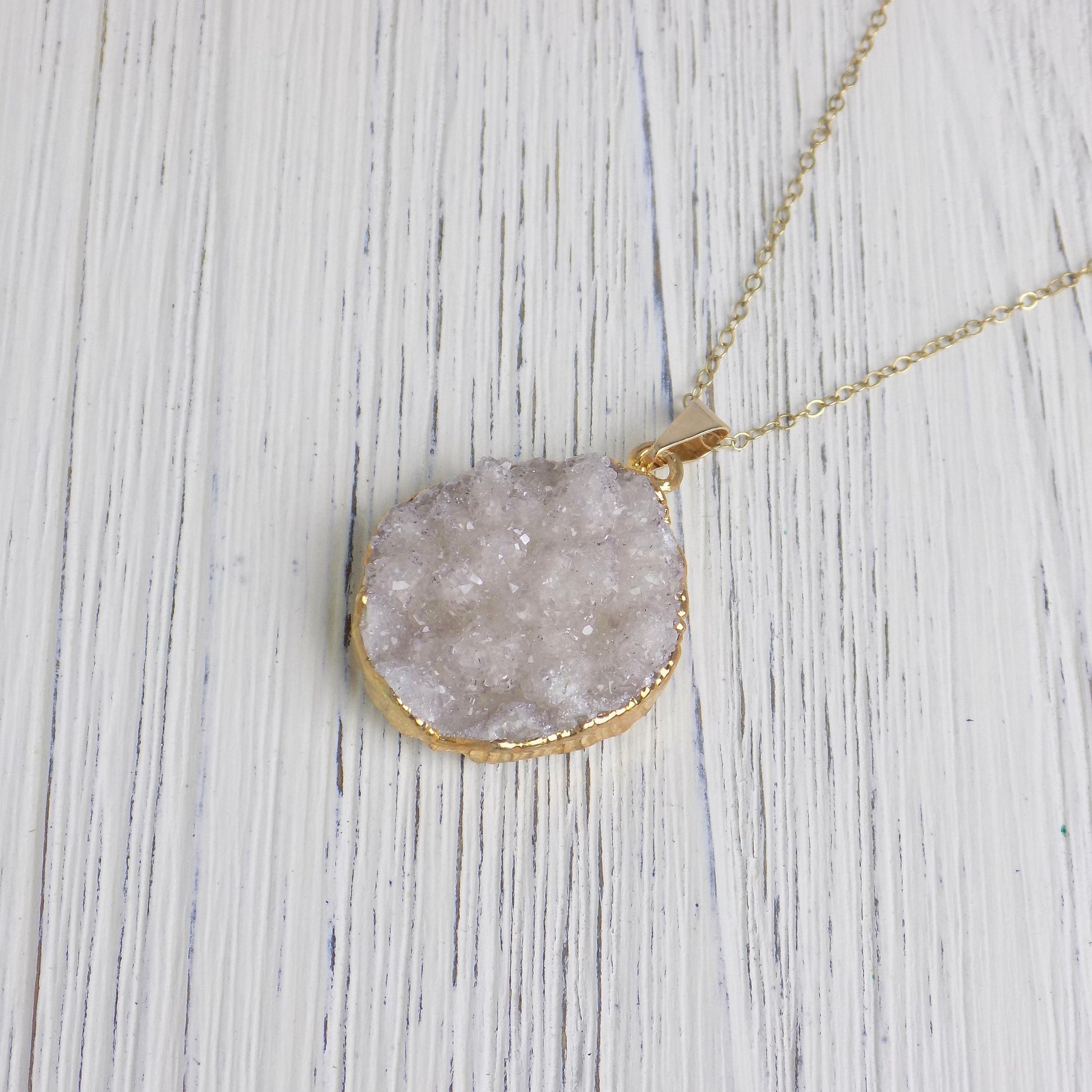 Valentines Day Gift, Light Gray Druzy Natural Gemstone Necklace on 14K Gold Filled Chain, G14-198