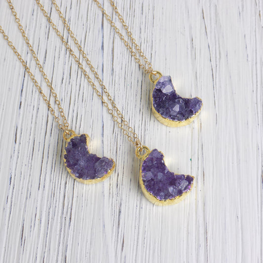 Amethyst Moon Necklace Gold, Crescent Moon, Purple Druzy Pendant Small, Christmas Gifts For Her, R14-02