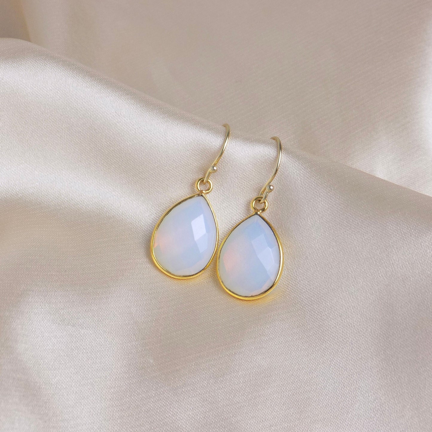 Large Opalite Earrings Gold, Opal Dangle Earring Gemstone, Light Blue Crystal, October Birthstone Gift For Her, M6-614
