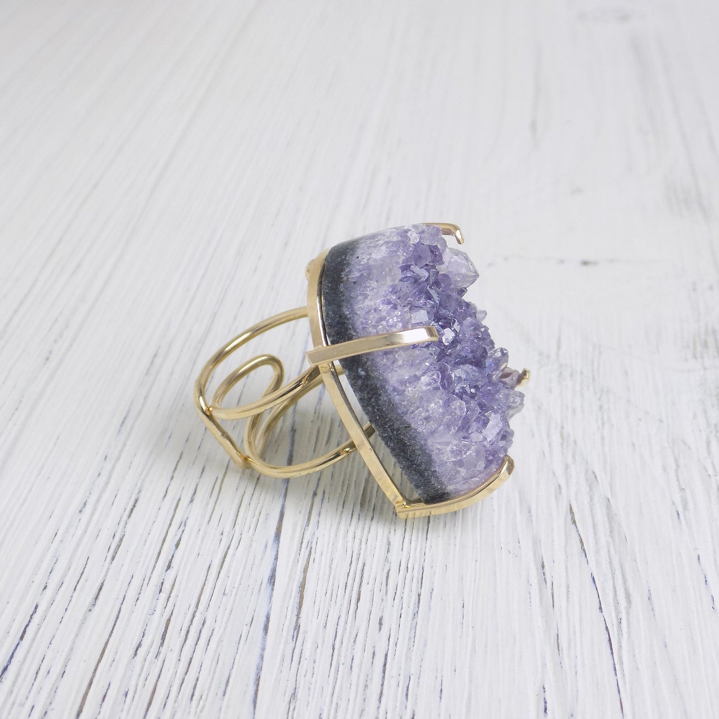 Large Amethyst Statement Ring, Raw Amethyst Druzy Ring Adjustable, Lavender Crystal Ring, Christmas Gift Women, G14-236
