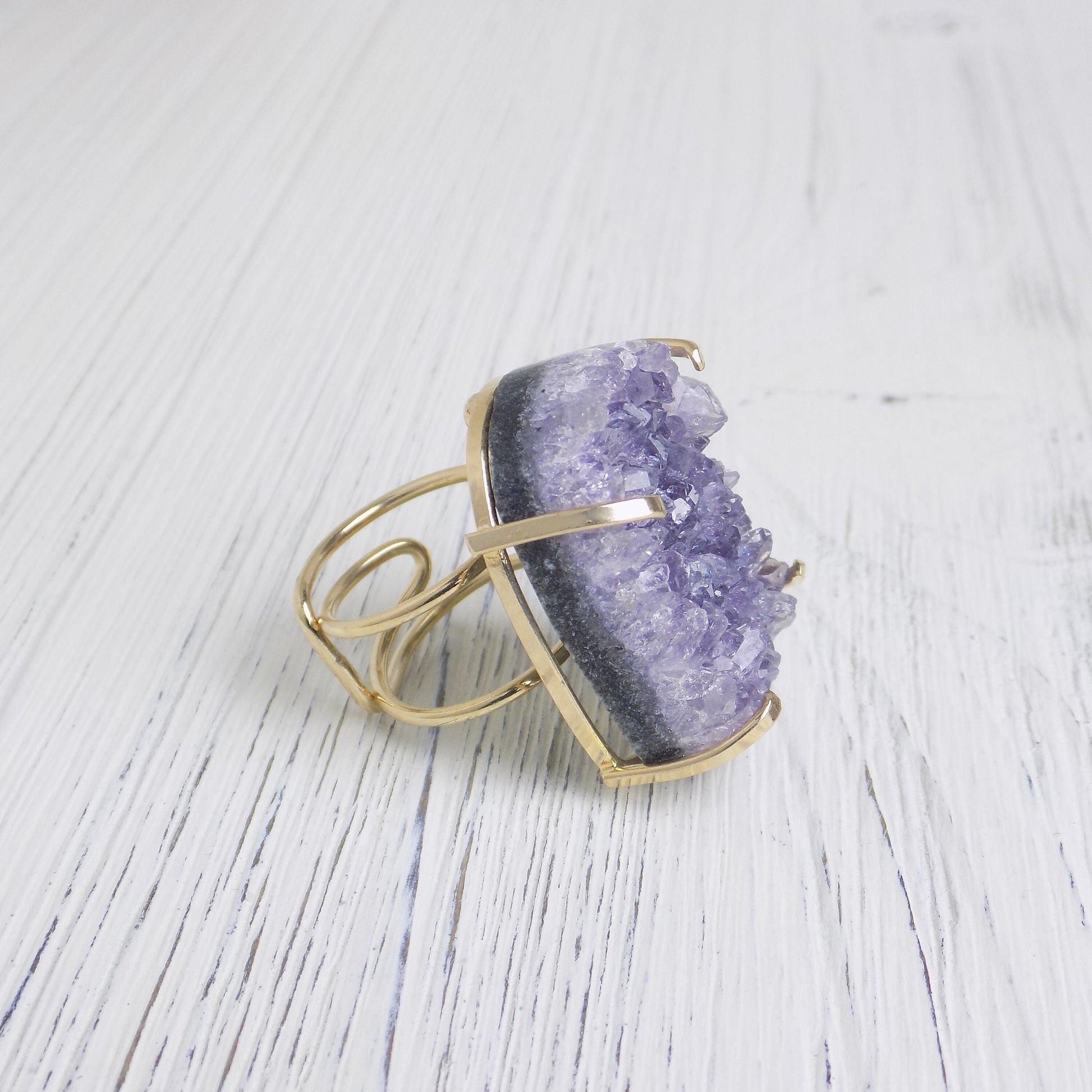 Large Amethyst Statement Ring, Raw Amethyst Druzy Ring Adjustable, Lavender Crystal Ring, Christmas Gift Women, G14-236