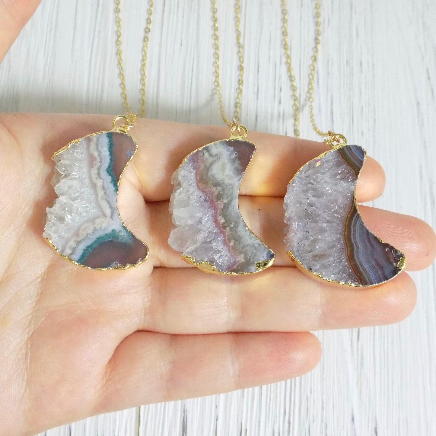 February Birthstone Amethyst Gemstone Necklace Gold, Boho Crescent Moon Pendant, Valentines Day Gift, R8-52