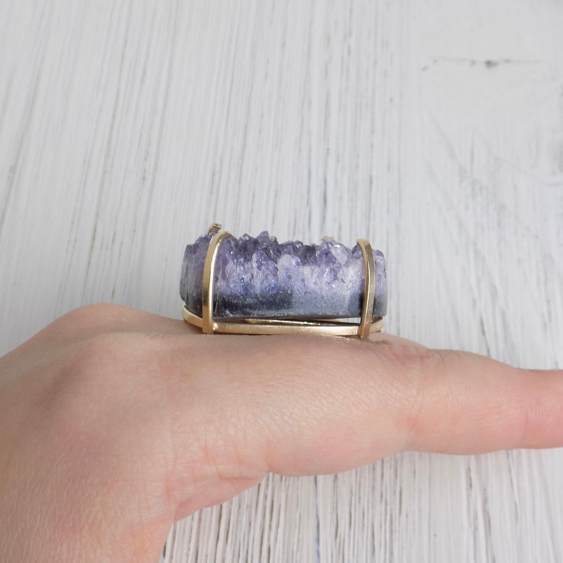 Large Amethyst Statement Ring, Raw Amethyst Druzy Ring Adjustable, Lavender Crystal Ring, Christmas Gift Women, G14-236