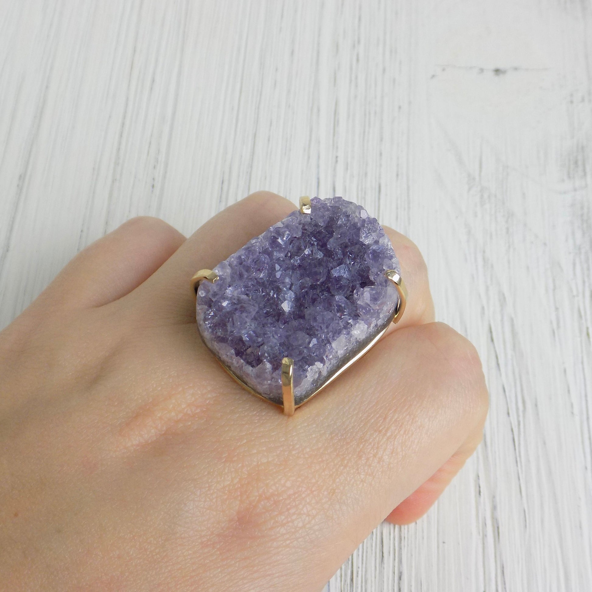 Large Amethyst Statement Ring, Raw Amethyst Druzy Ring Adjustable, Lavender Crystal Ring, Christmas Gift Women, G14-236