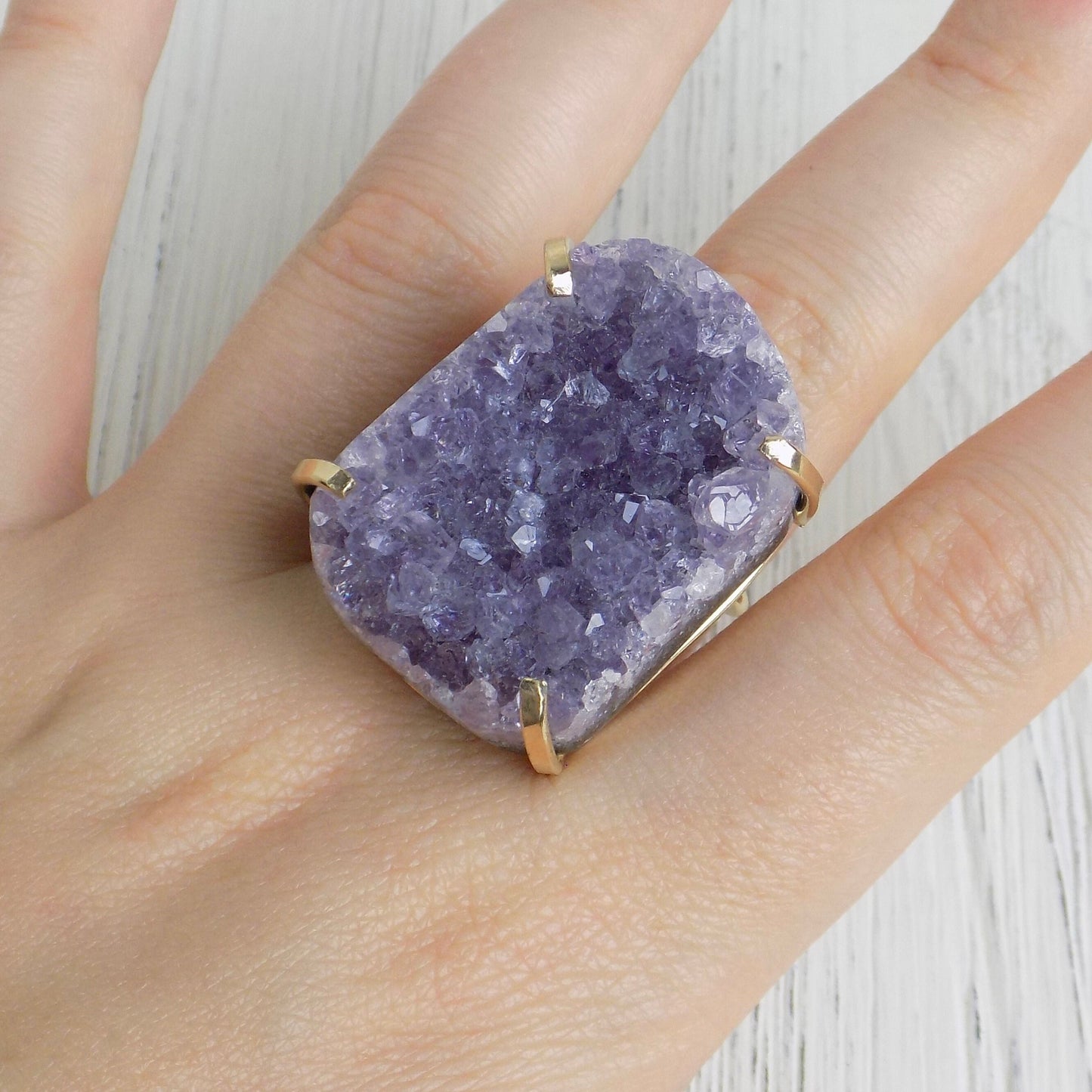 Large Amethyst Statement Ring, Raw Amethyst Druzy Ring Adjustable, Lavender Crystal Ring, Christmas Gift Women, G14-236