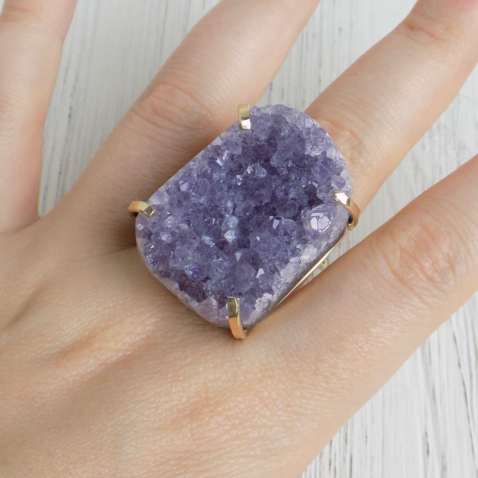 Large Amethyst Statement Ring, Raw Amethyst Druzy Ring Adjustable, Lavender Crystal Ring, Christmas Gift Women, G14-236