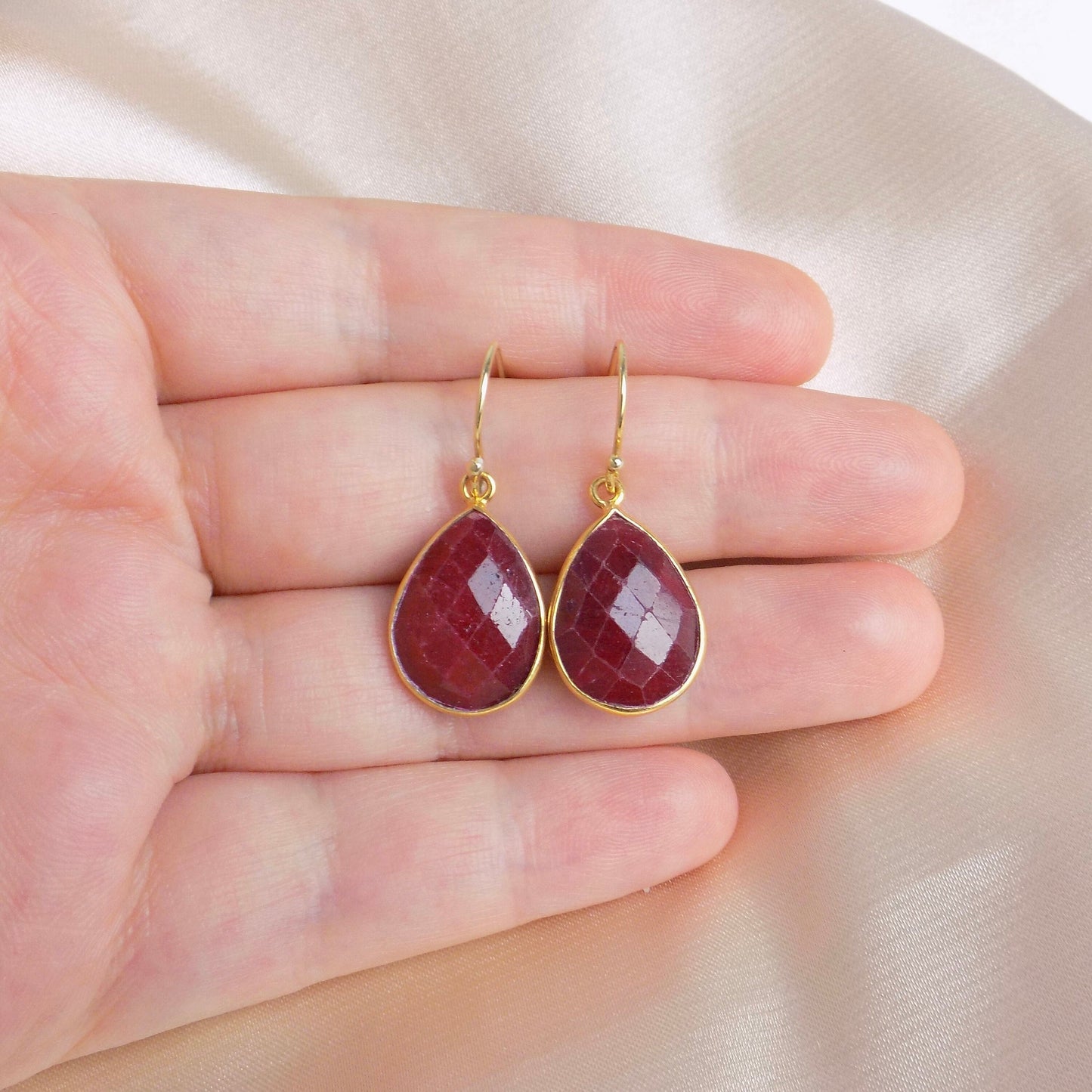 Teardrop Ruby Earrings, Gold Bezel Faceted Gemstones, Raw Genuine Ruby Red Dark Pink, M6-158
