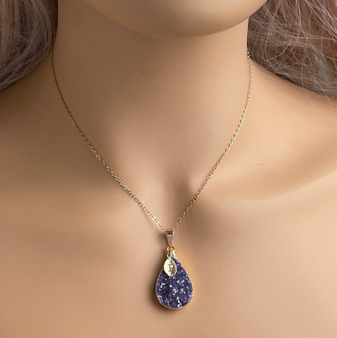 Personalized Amethyst Necklace Gold, Teardrop Druzy Pendant, 14K Gold Filled Chain, Christmas Gift For Wife, G14-742