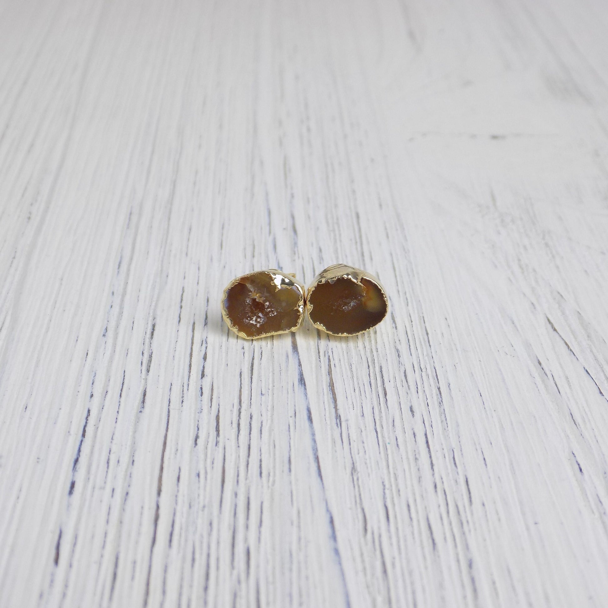 Brown Geode Earrings Studs Gold Dipped Natural Gemstone, Gifts For Mom, G14-135